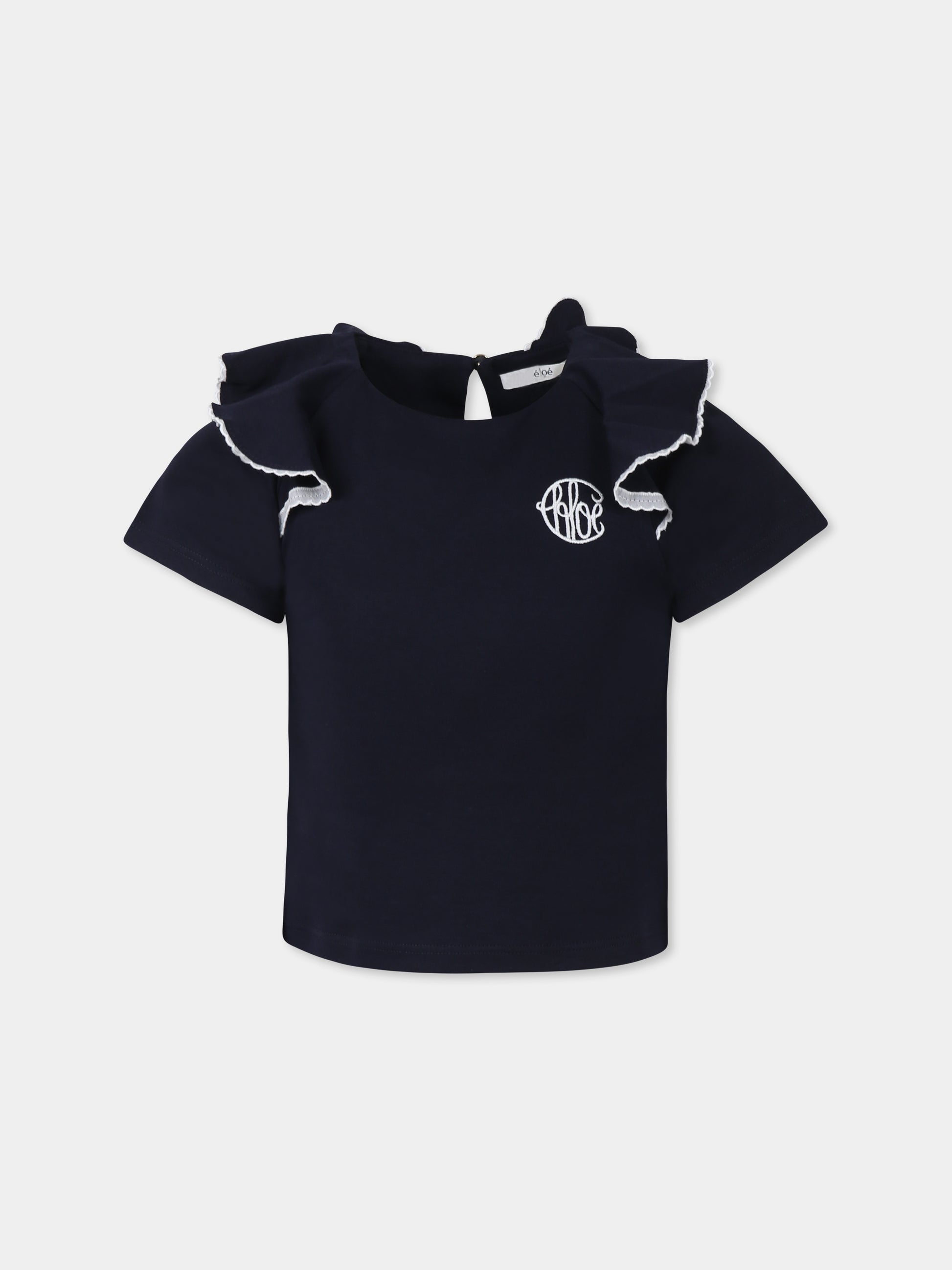 T-shirt blu per bambina con logo bianco ricamato,Chloé Kids,C20491 859
