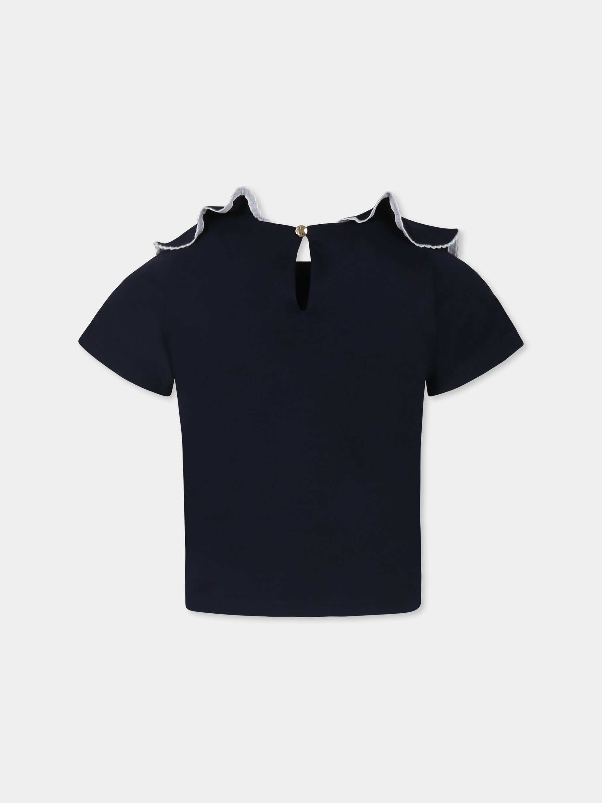 T-shirt blu per bambina con logo bianco ricamato,Chloé Kids,C20491 859