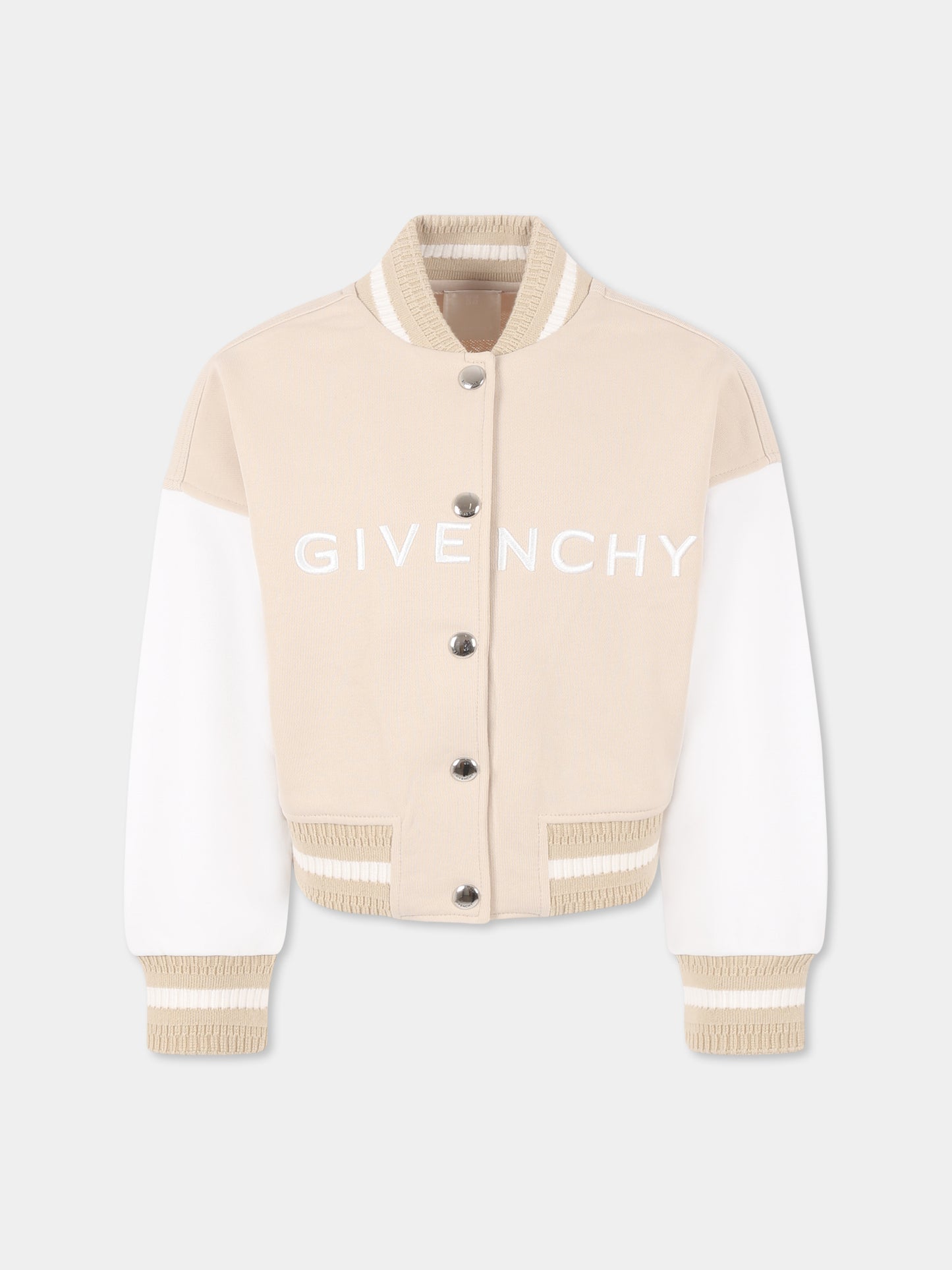 Beige crop bomber jacket for girl with logo
