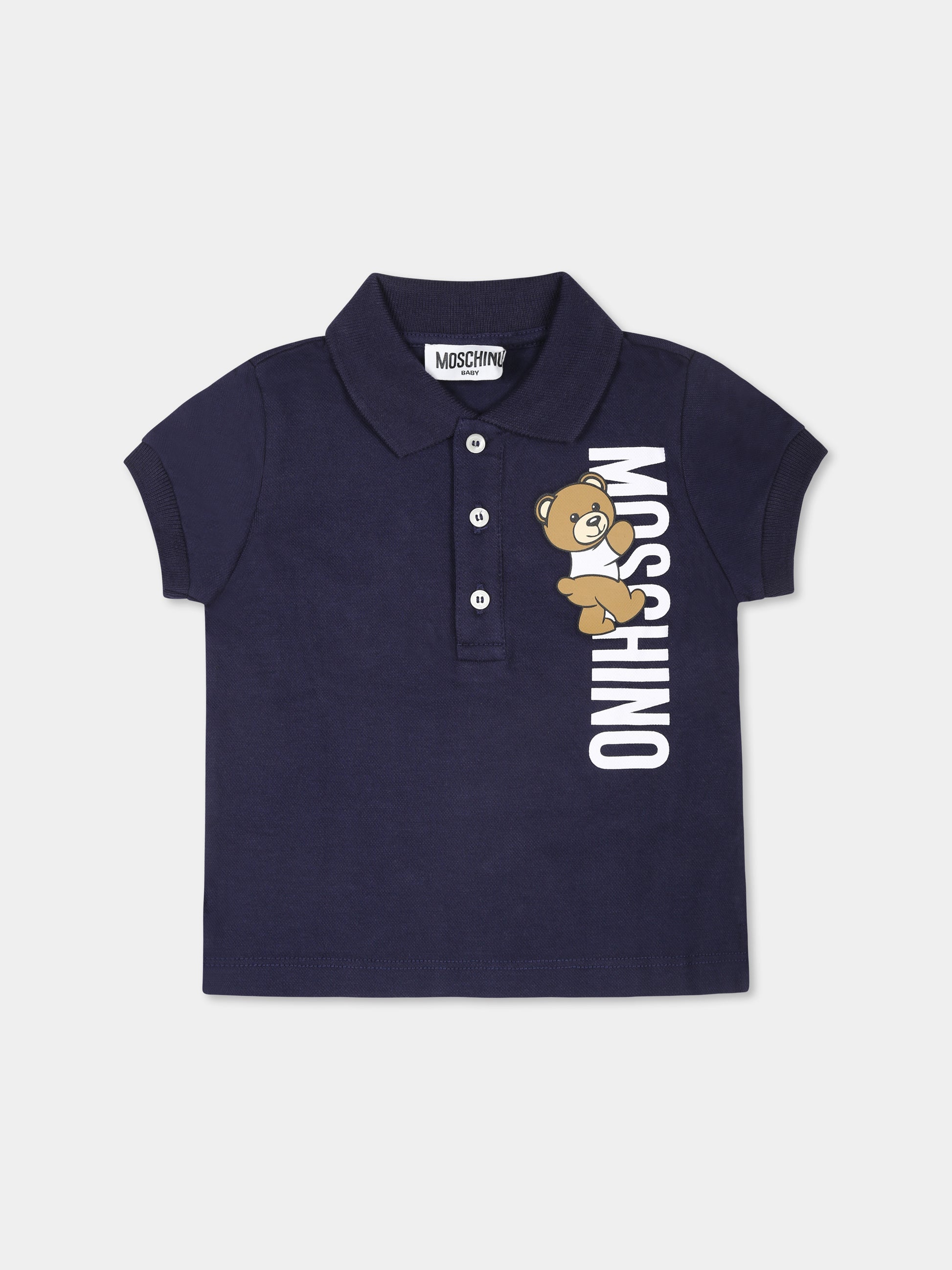 Polo blu per neonato con Teddy Bear,Moschino Kids,M7M01P LFA01 40016