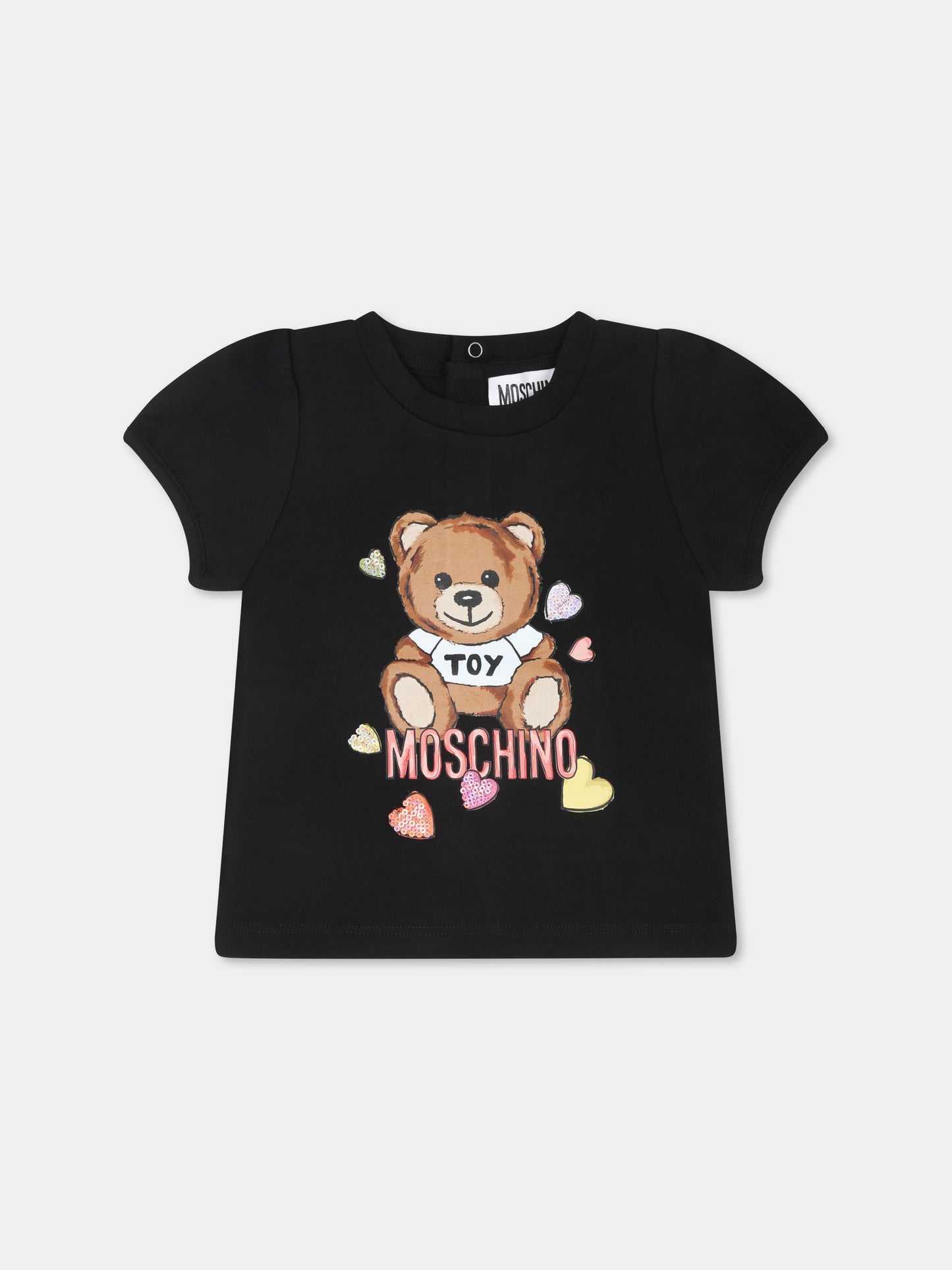 T-shirt nera per neonata con Teddy Bear e cuore,Moschino Kids,MDM03F LBA10 60100