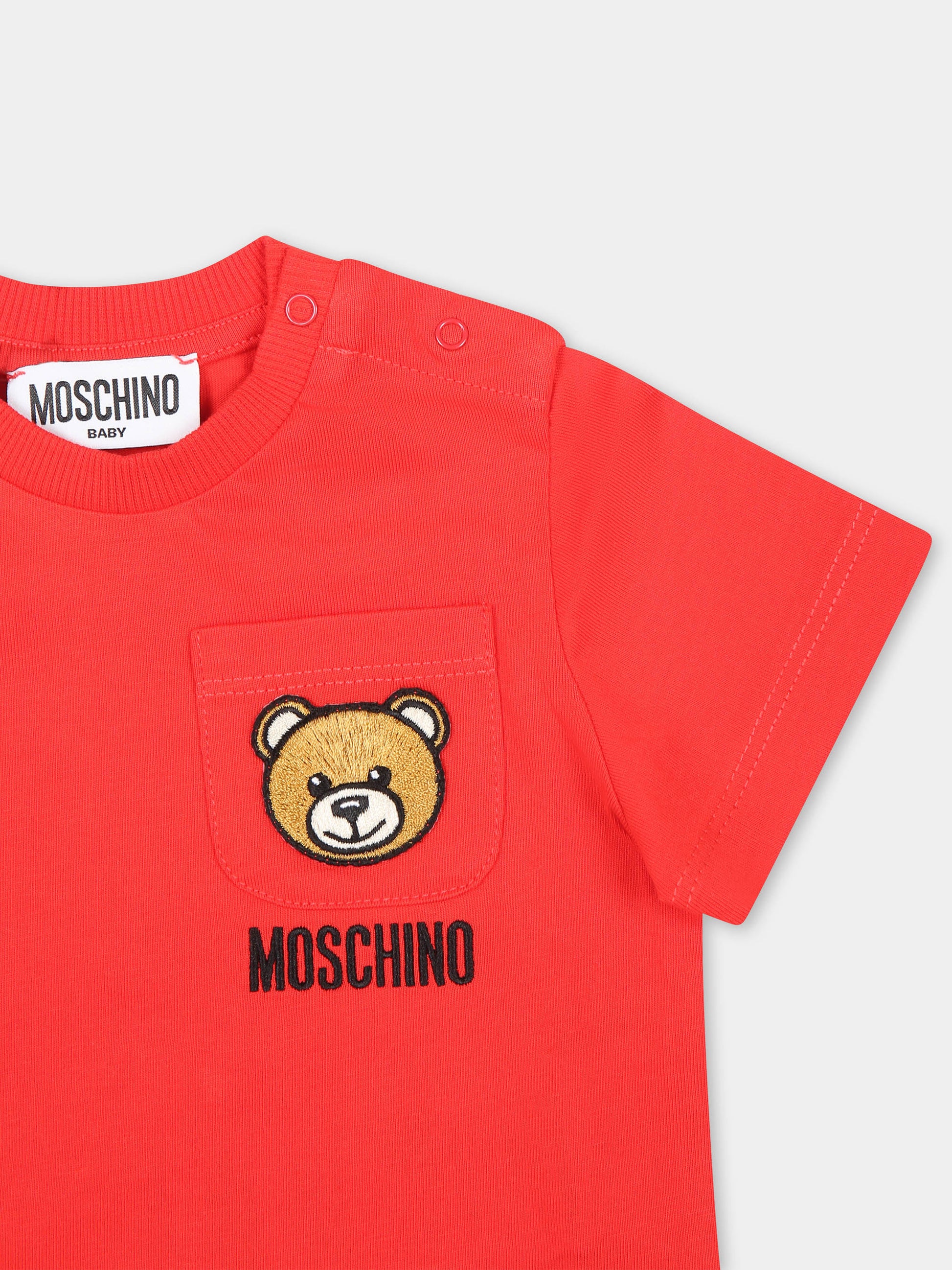 T-shirt rossa per neonato con Teddy Bear,Moschino Kids,MUM040 LAA23 50109