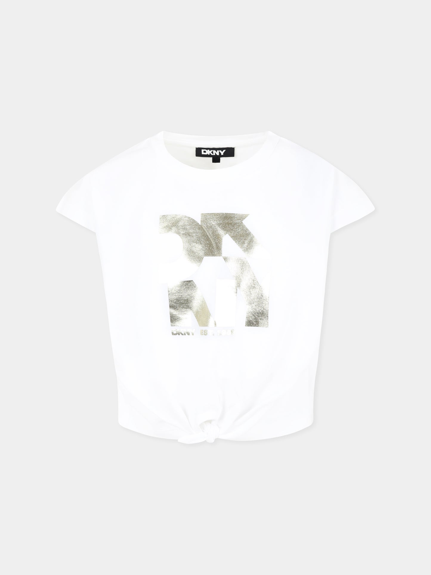 T-shirt crop bianca per bambina con logo,Dkny,D62309 10P