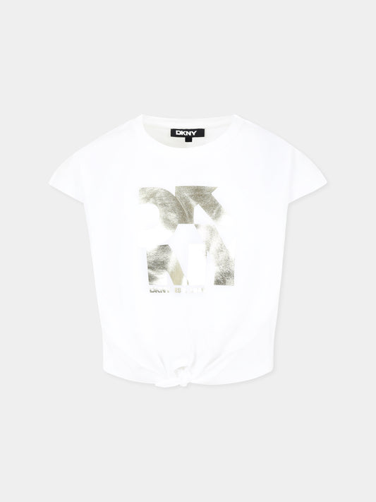 T-shirt crop bianca per bambina con logo,Dkny,D62309 10P