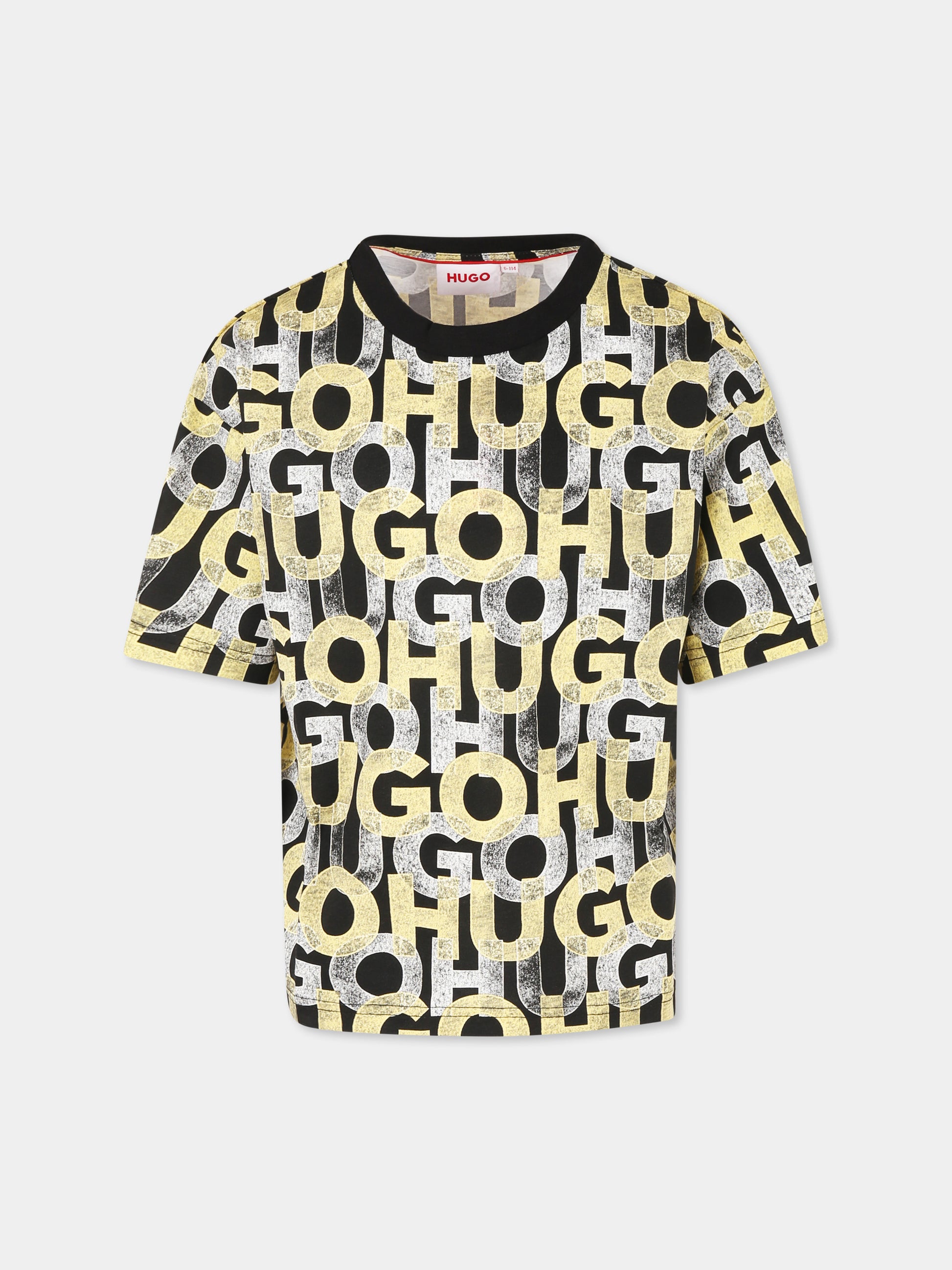 T-shirt nera per bambino con logo all over,Hugo,G00336 M55