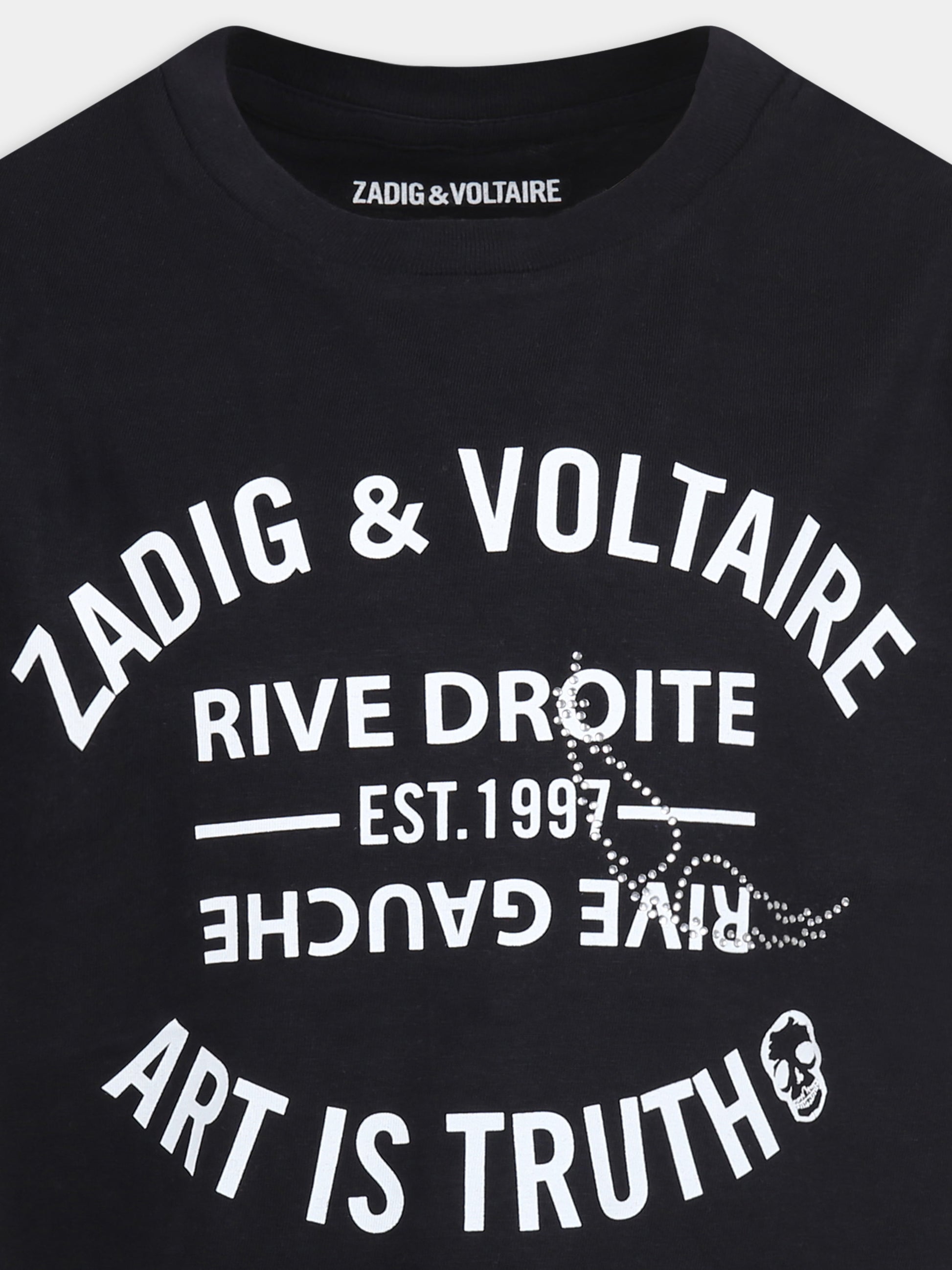 T-shirt nera per bambina con scritta e logo,Zadig & Voltaire Kids,X60317 09B