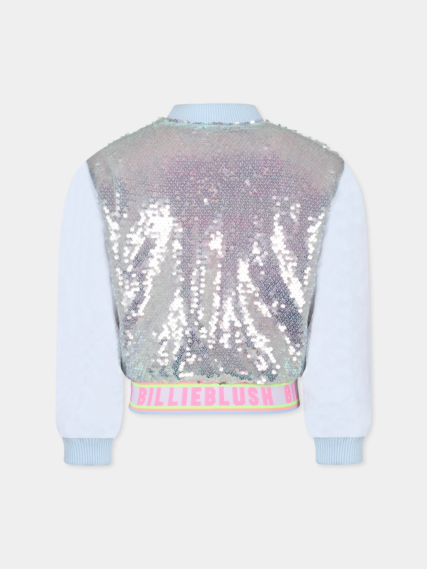 Bomber celeste per bambina con paillettes e logo,Billieblush,U20884 74A