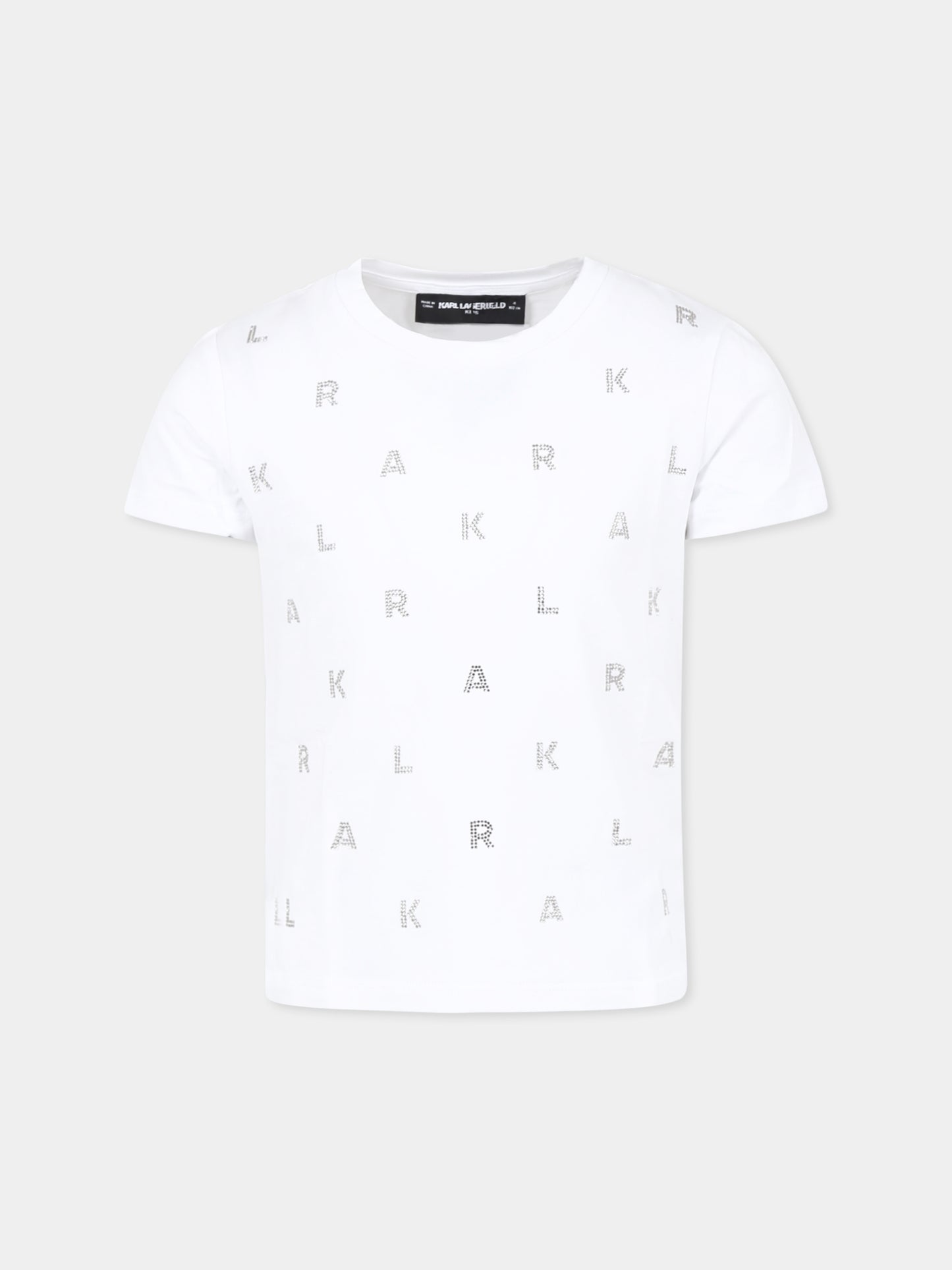 T-shirt bianca per bambina con logo e strass,Karl Lagerfeld Kids,Z30571 10P