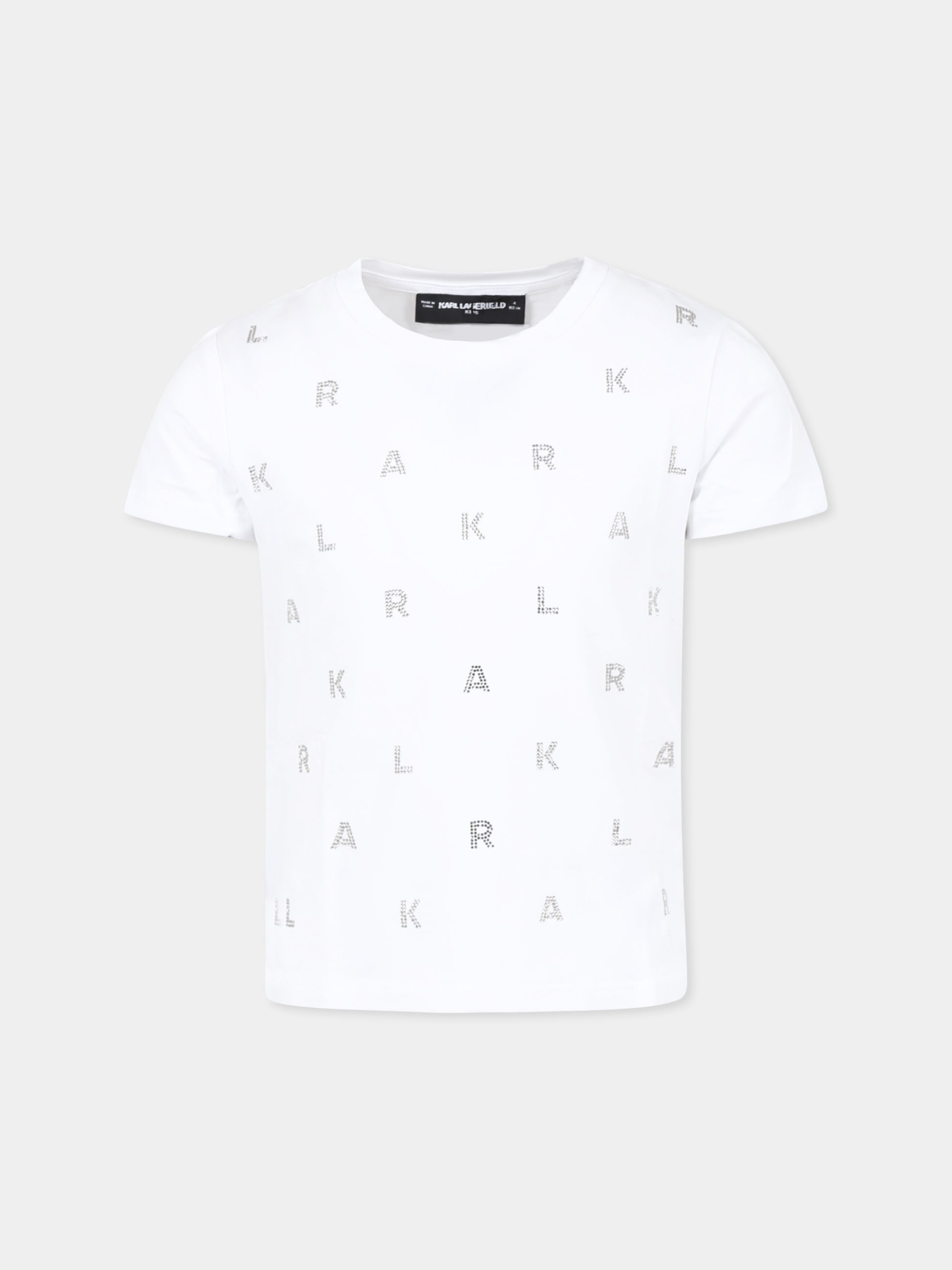 T-shirt bianca per bambina con logo e strass,Karl Lagerfeld Kids,Z30571 10P