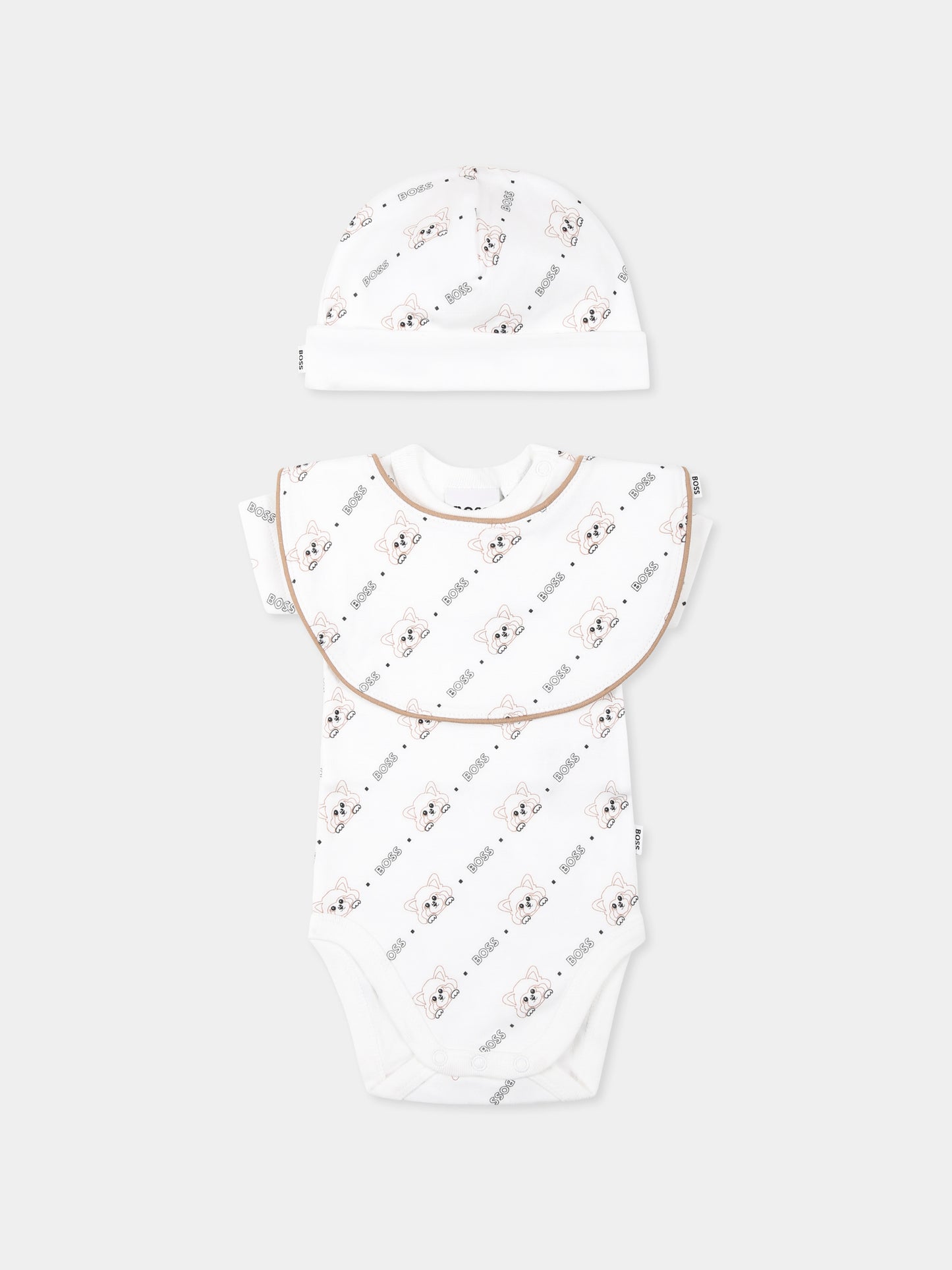 Set body bianco per neonato con logo e panda all-over,Boss,J52177 10P
