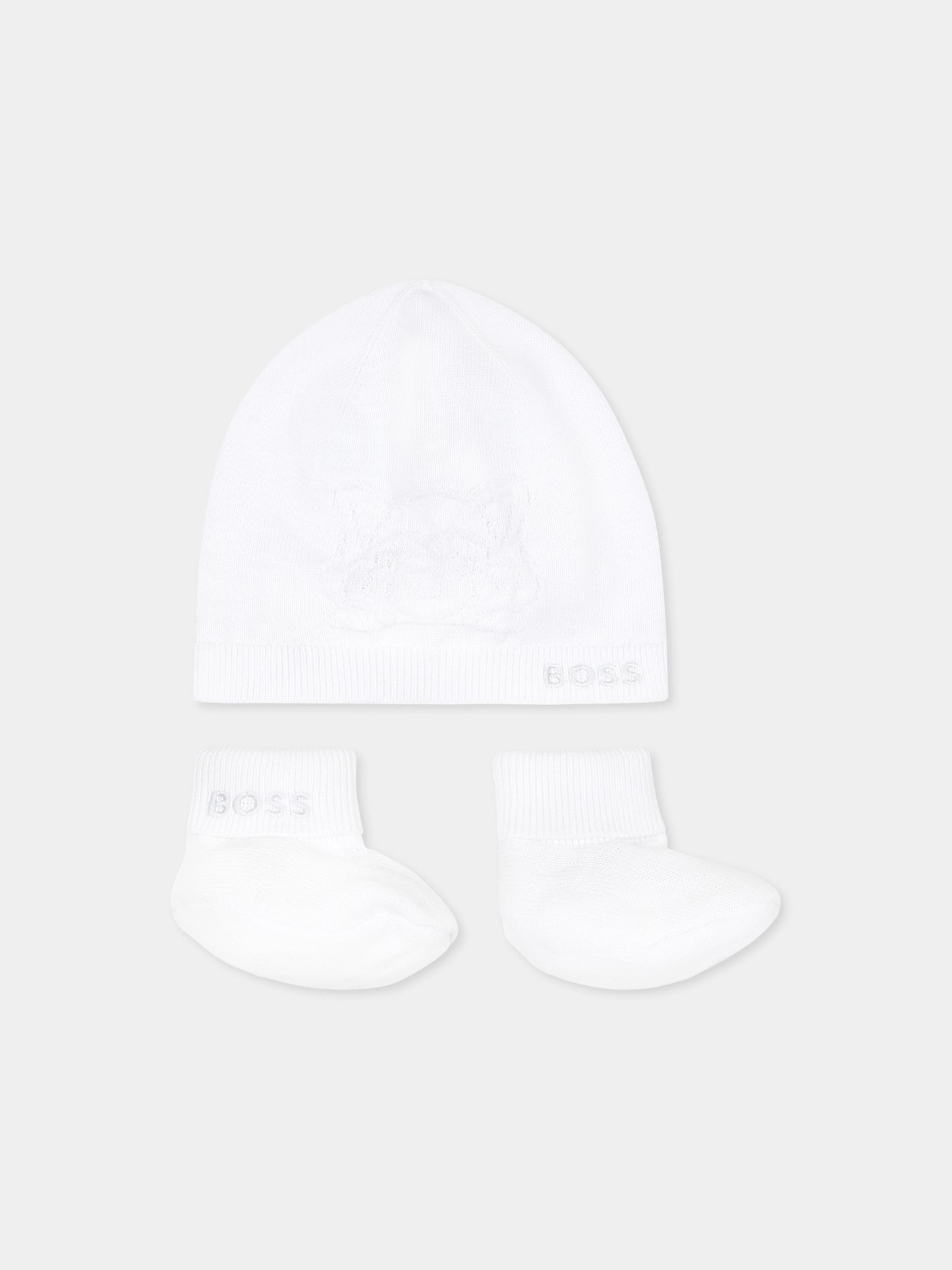 White accessory set for baby boy with logo