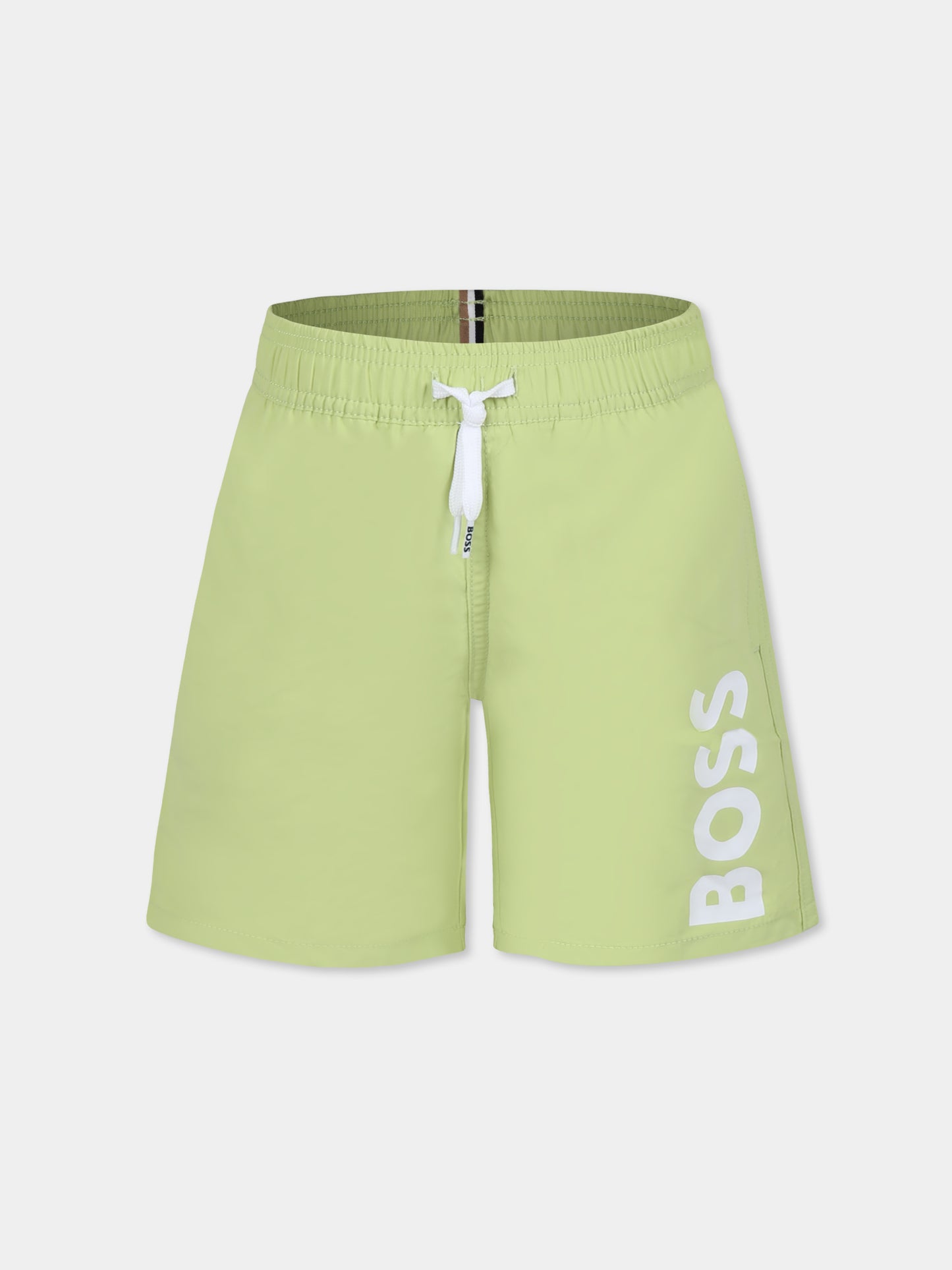Green swim shorts for boy with logo