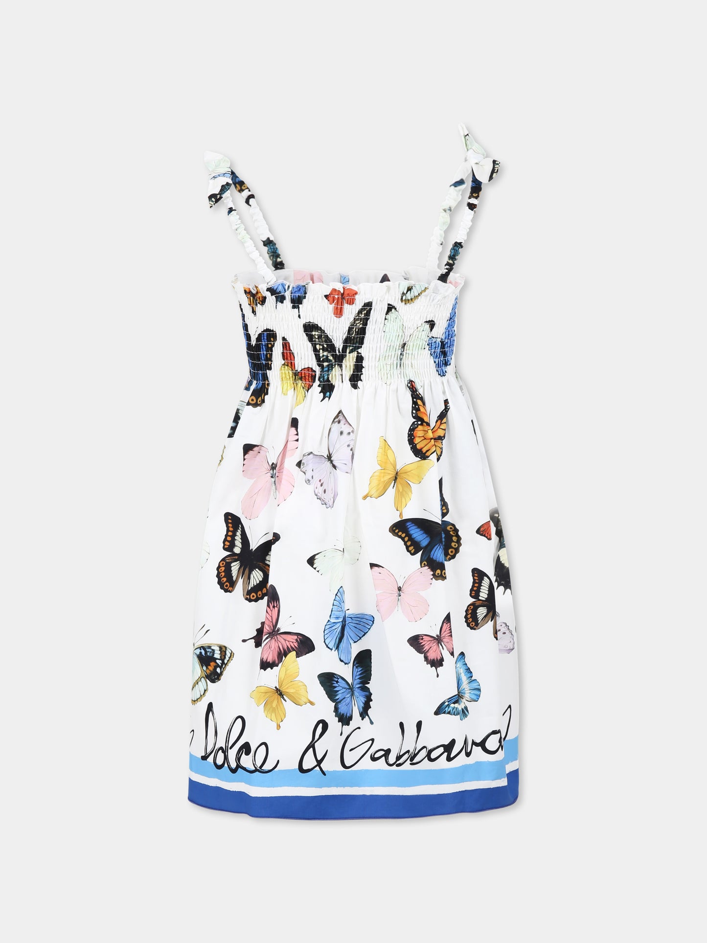 Vestito bianco per bambina con logo e farfalle,Dolce & Gabbana Kids,L54DE0 FI5KS HB5KB