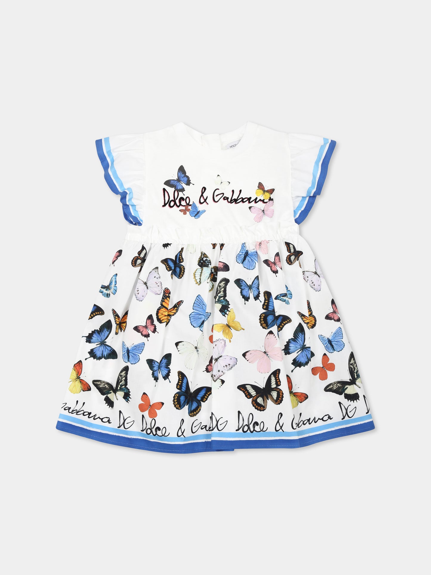 Vestito bianco per neonata con logo e farfalle,Dolce & Gabbana Kids,L2JD9P G7O0M S9000