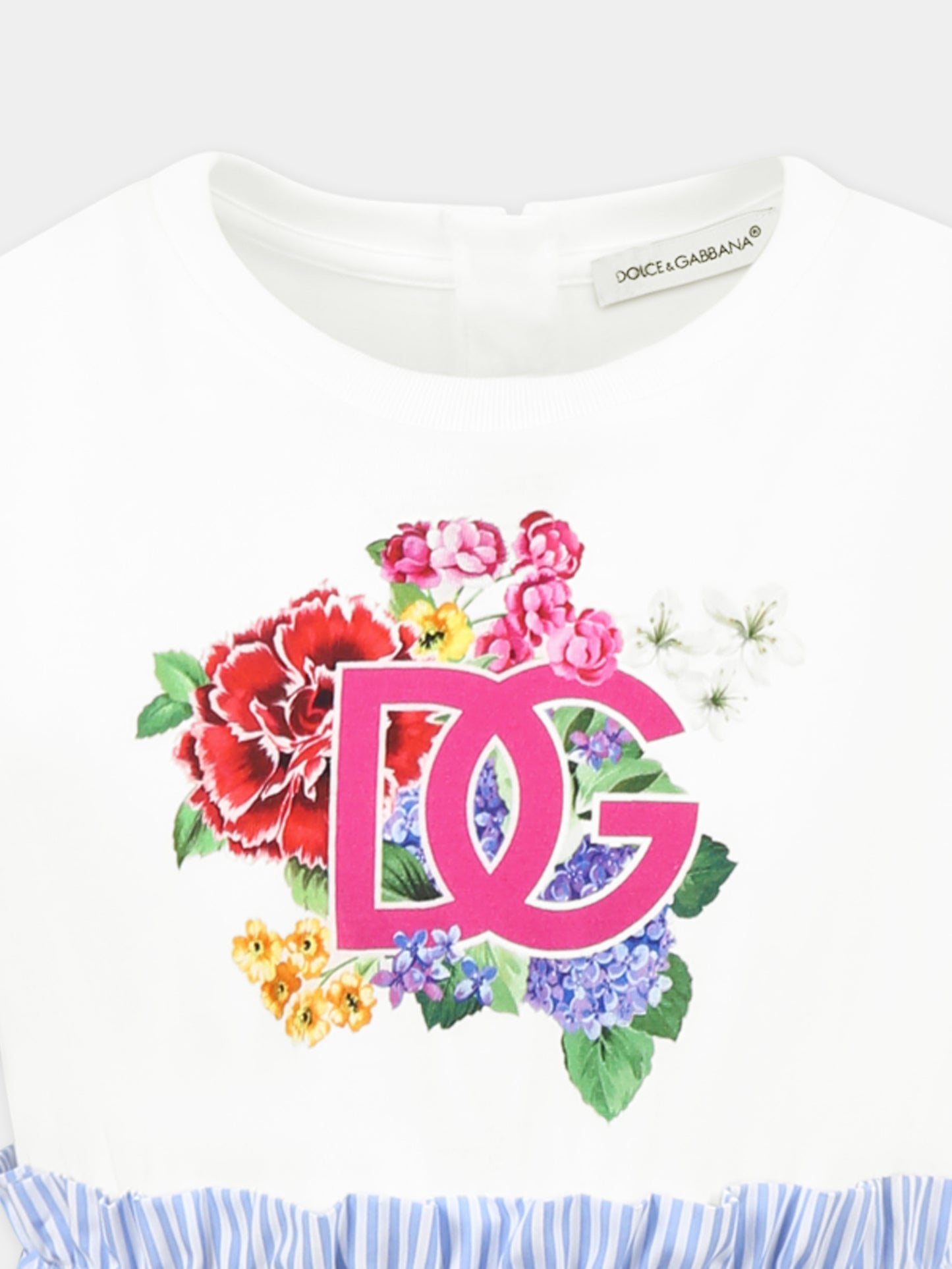 Vestito celeste per bambina con logo e stampa floreale,Dolce & Gabbana Kids,L5JD9W G7O7X S9000