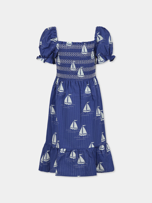 Vestito blu per bambina con barche a vela all over,Mini Rodini,2525011660
