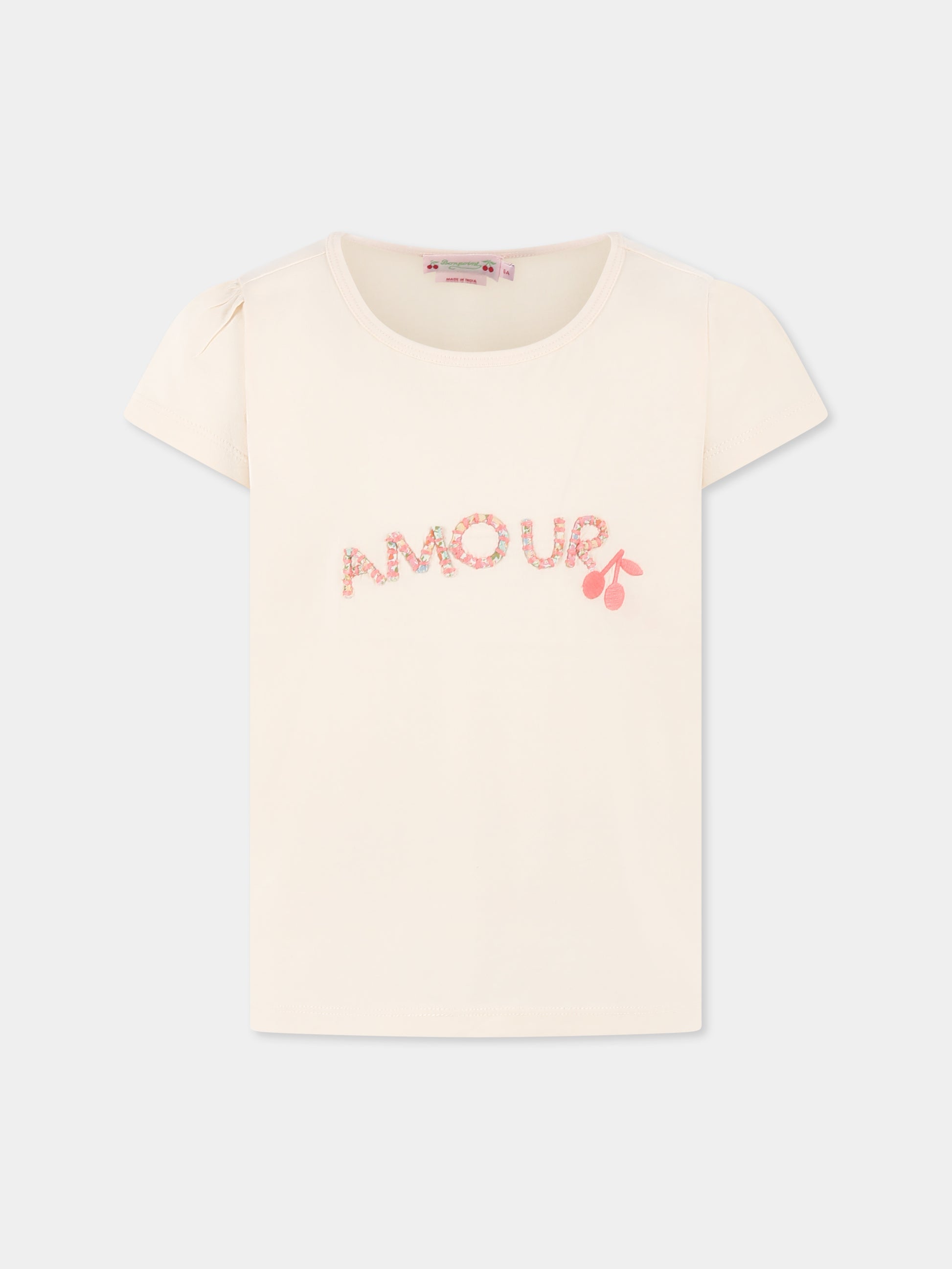 T-shirt rosa per bambina con scritta e ciliegie,Bonpoint,S05GTSK00009 125A