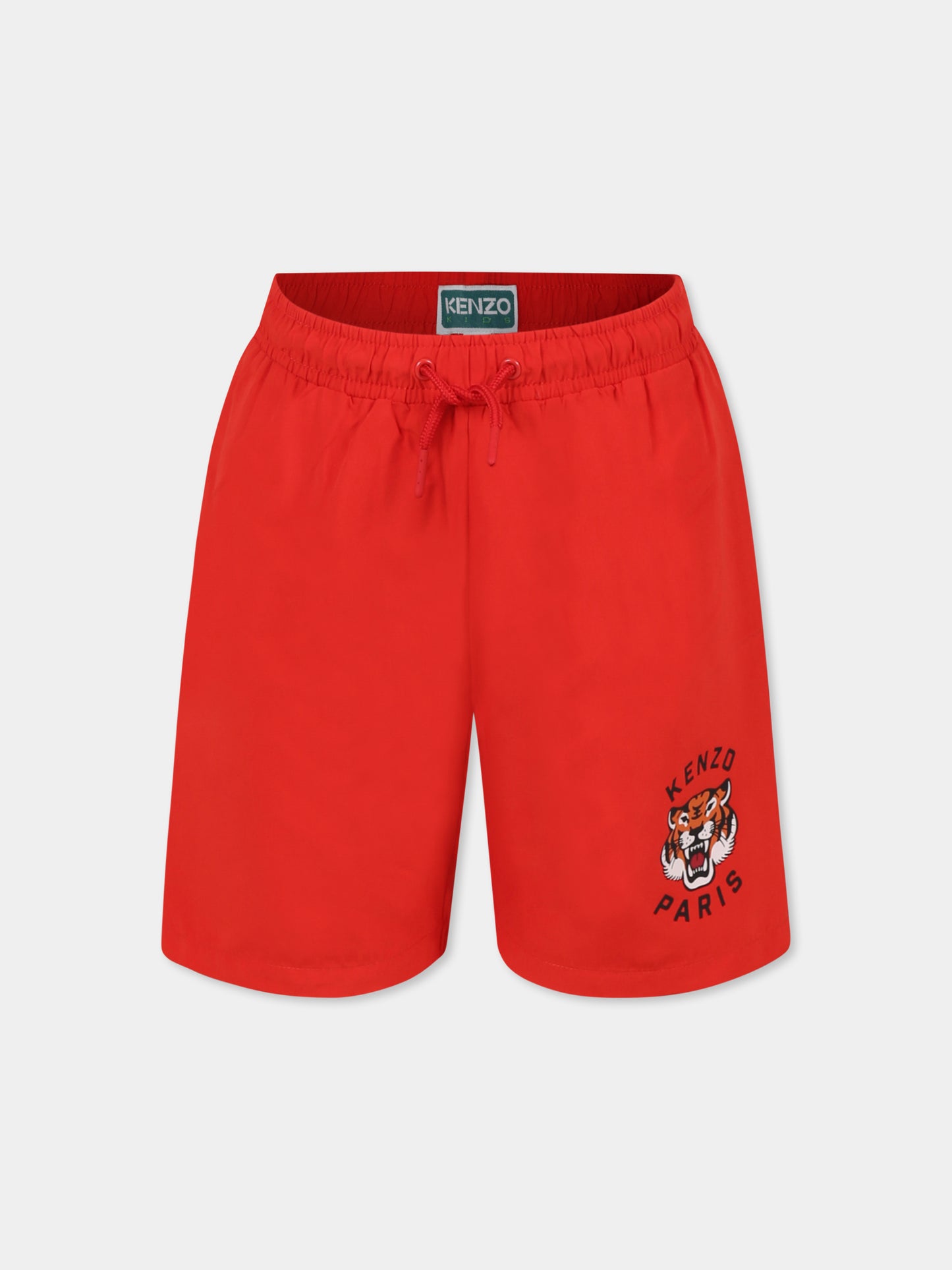 Red swim shorts for boy with Lucky Tiger