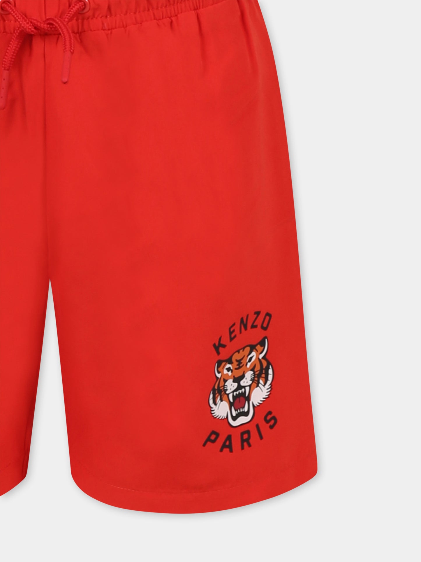 Red swim shorts for boy with Lucky Tiger