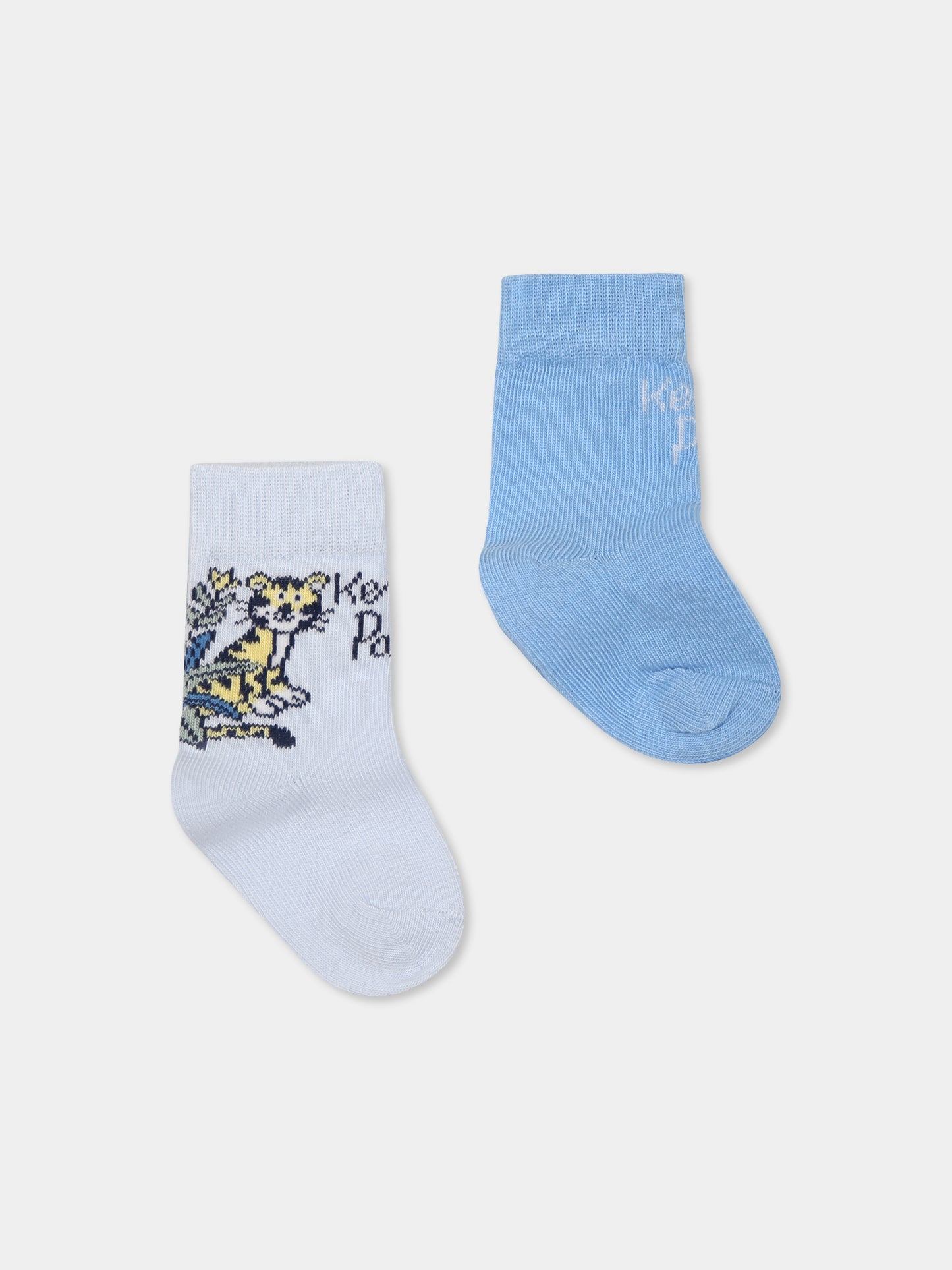 Set calzini celeste per neonato con logo e tigre,Kenzo Kids,K60874 771