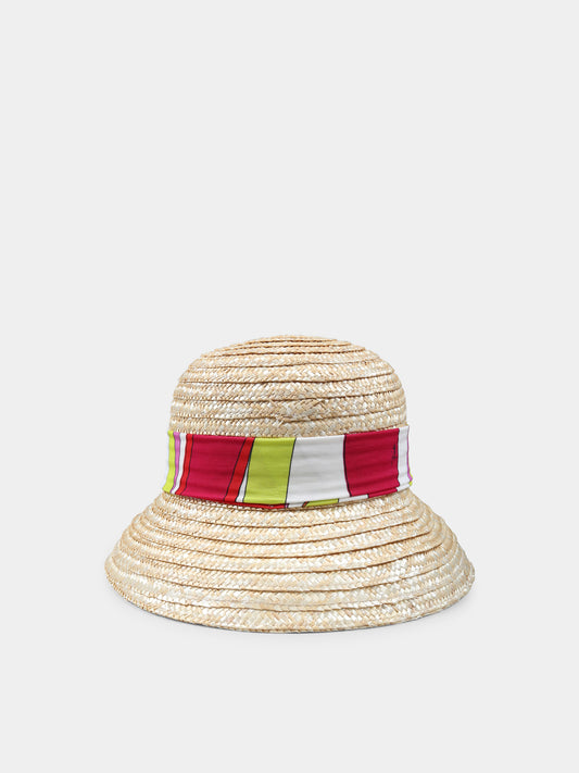 Beige straw hat for girl with marble print