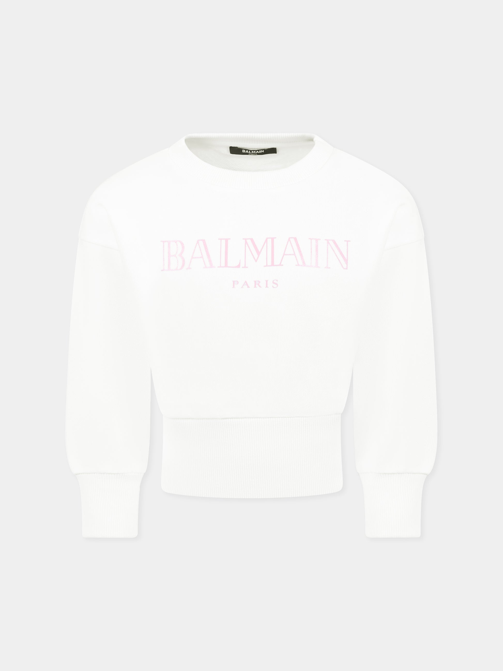 Felpa crop bianca per bambina con logo,Balmain Kids,BW4A20 Z0114 100RS