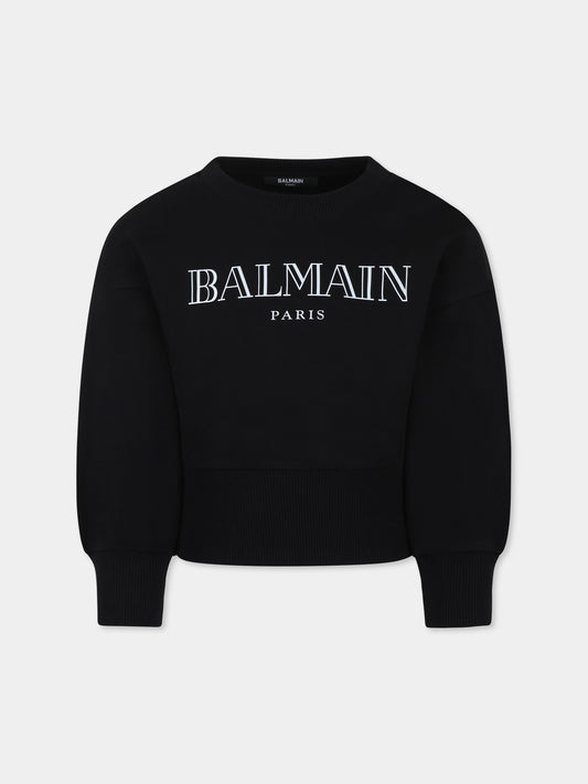 Felpa crop nera per bambina con logo,Balmain Kids,BW4A20 Z0114 930BC