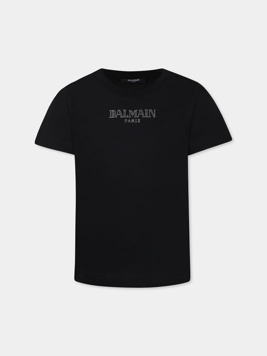 T-shirt nera per bambina con logo di strass,Balmain Kids,BW8A81 Z0082 930