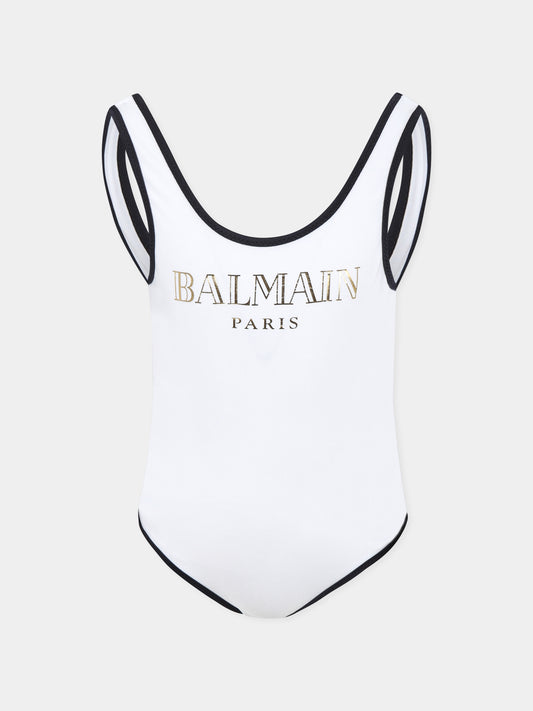 Costume intero bianco per bambina con logo,Balmain Kids,BWCA3D Z0005 100OR