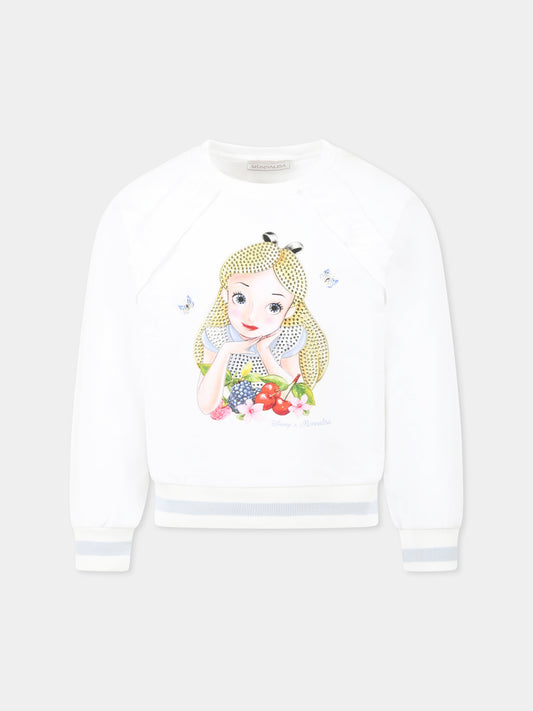 Felpa bianca per bambina con Alice nel Paese delle Meraviglie,Monnalisa,19E616 5003 0099