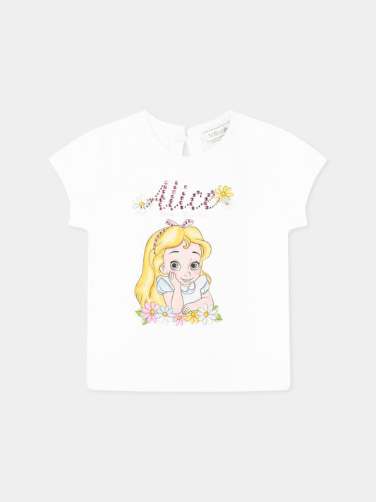 T-shirt bianca per neonata con Alice nel Pase delle Meraviglie,Monnalisa,39E610 5002 0099