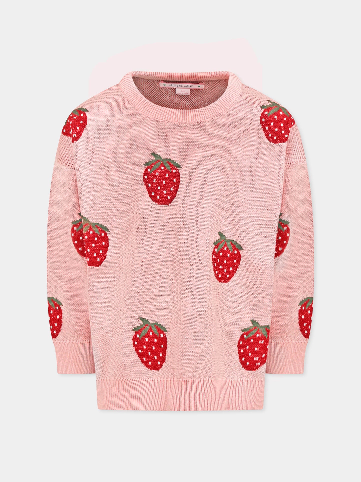 Pink sweater for girl with strawberries