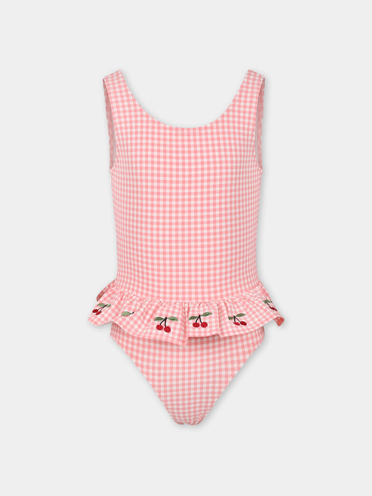 Pink swimsuit for girl with cherries
