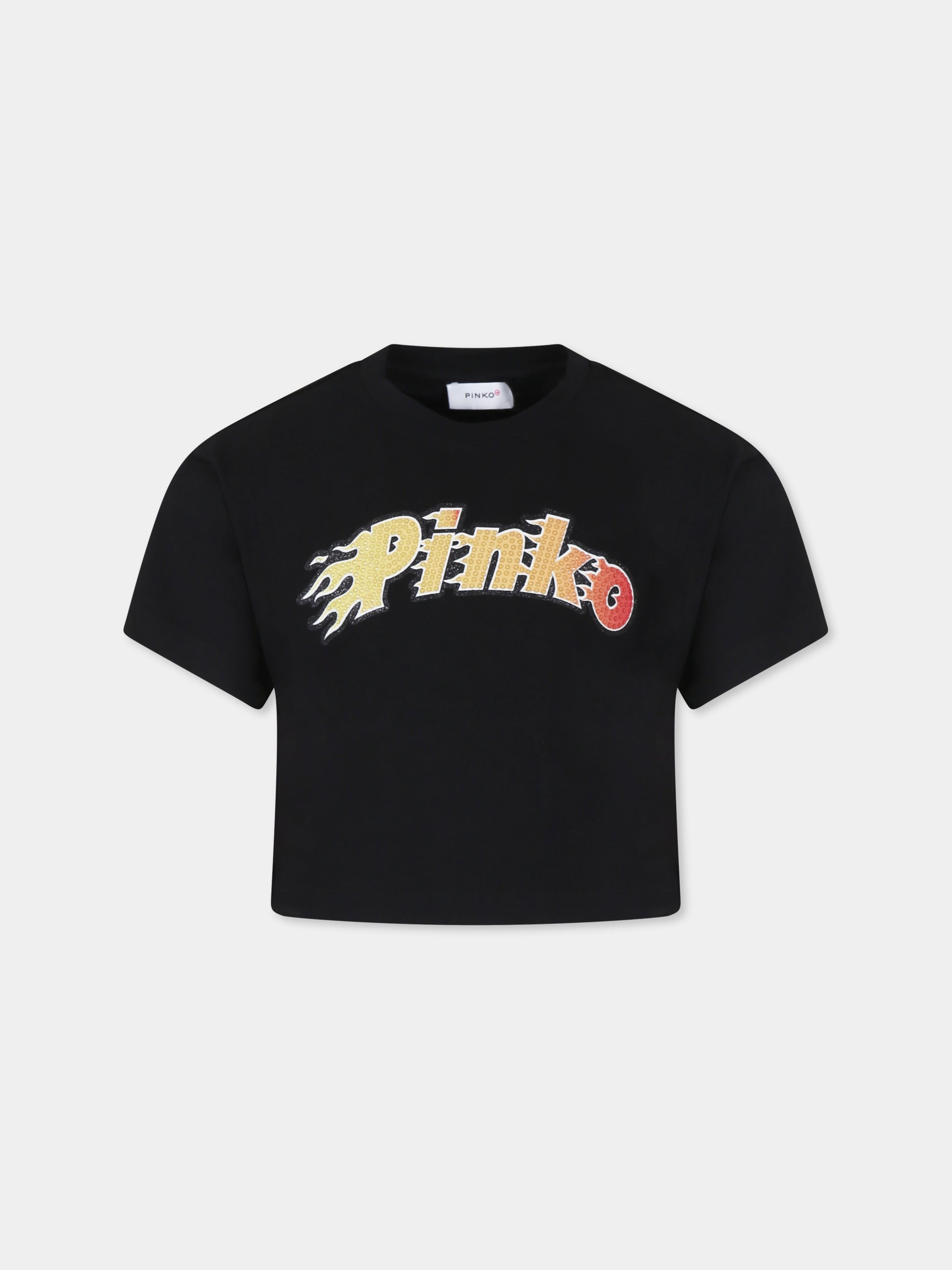 T-shirt crop nera per bambina con logo,Pinko,KFTS001 C JE010 N000