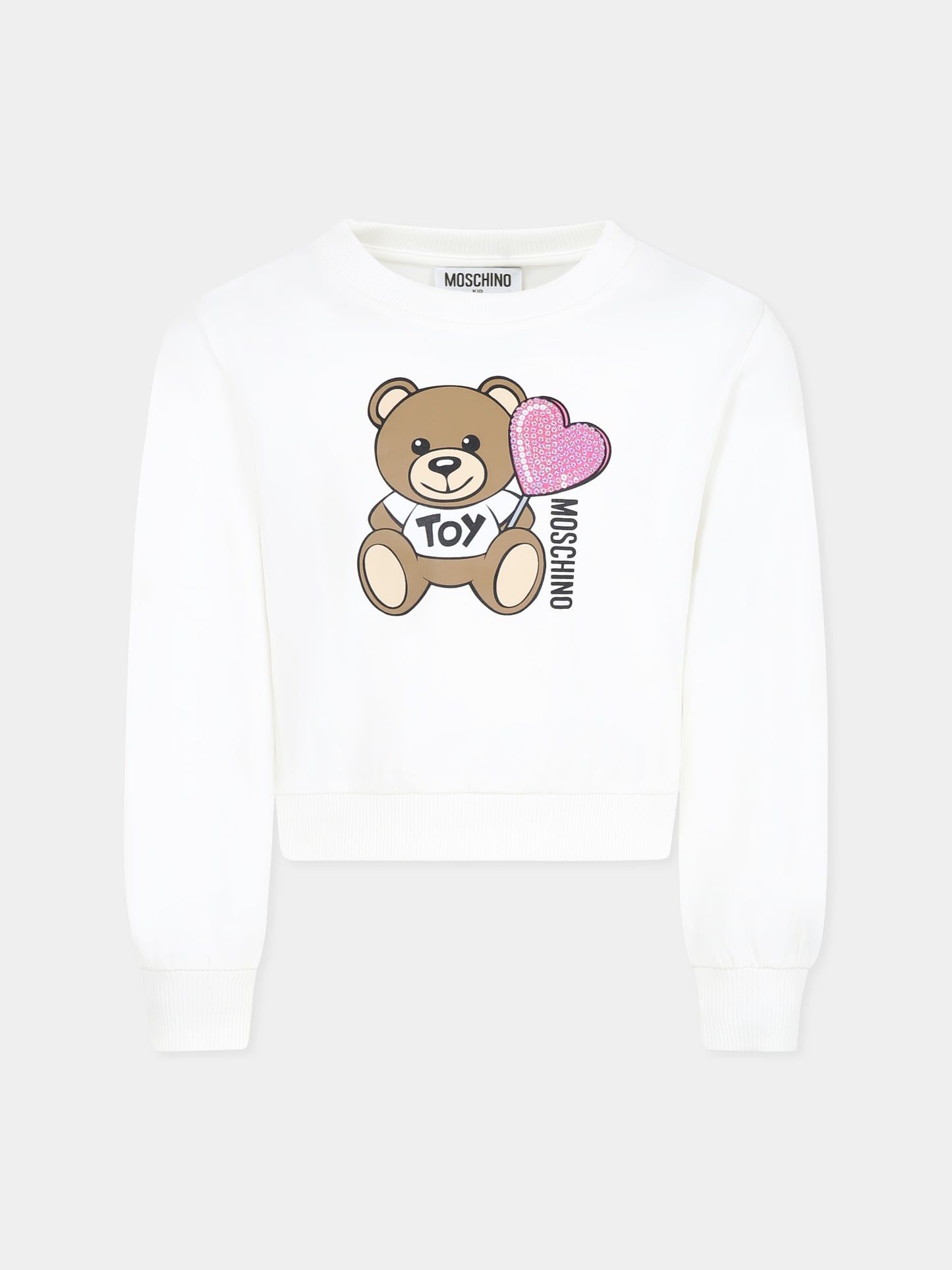 Felpa avorio per bambina con Teddy Bear e cuore,Moschino Kids,HDF066 LDA00 10063