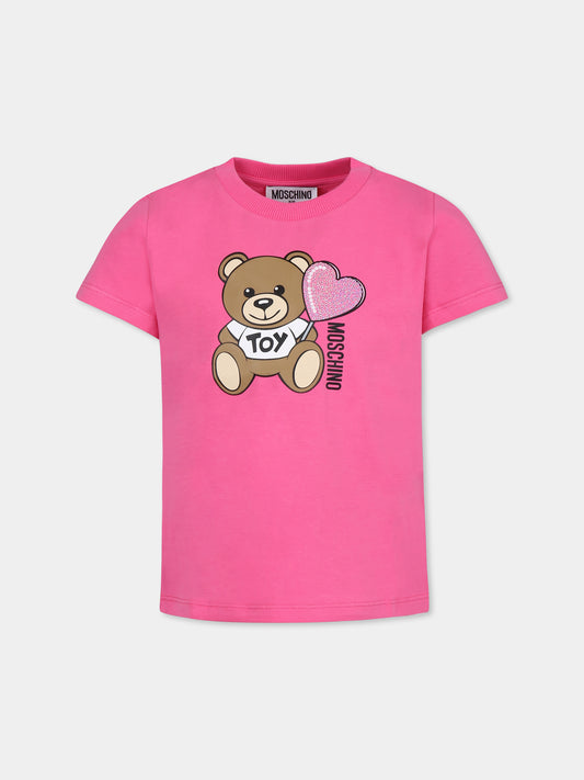 T-shirt fucsia per bambina con Teddy Bear e cuore,Moschino Kids,HDM06K LBA00 50533