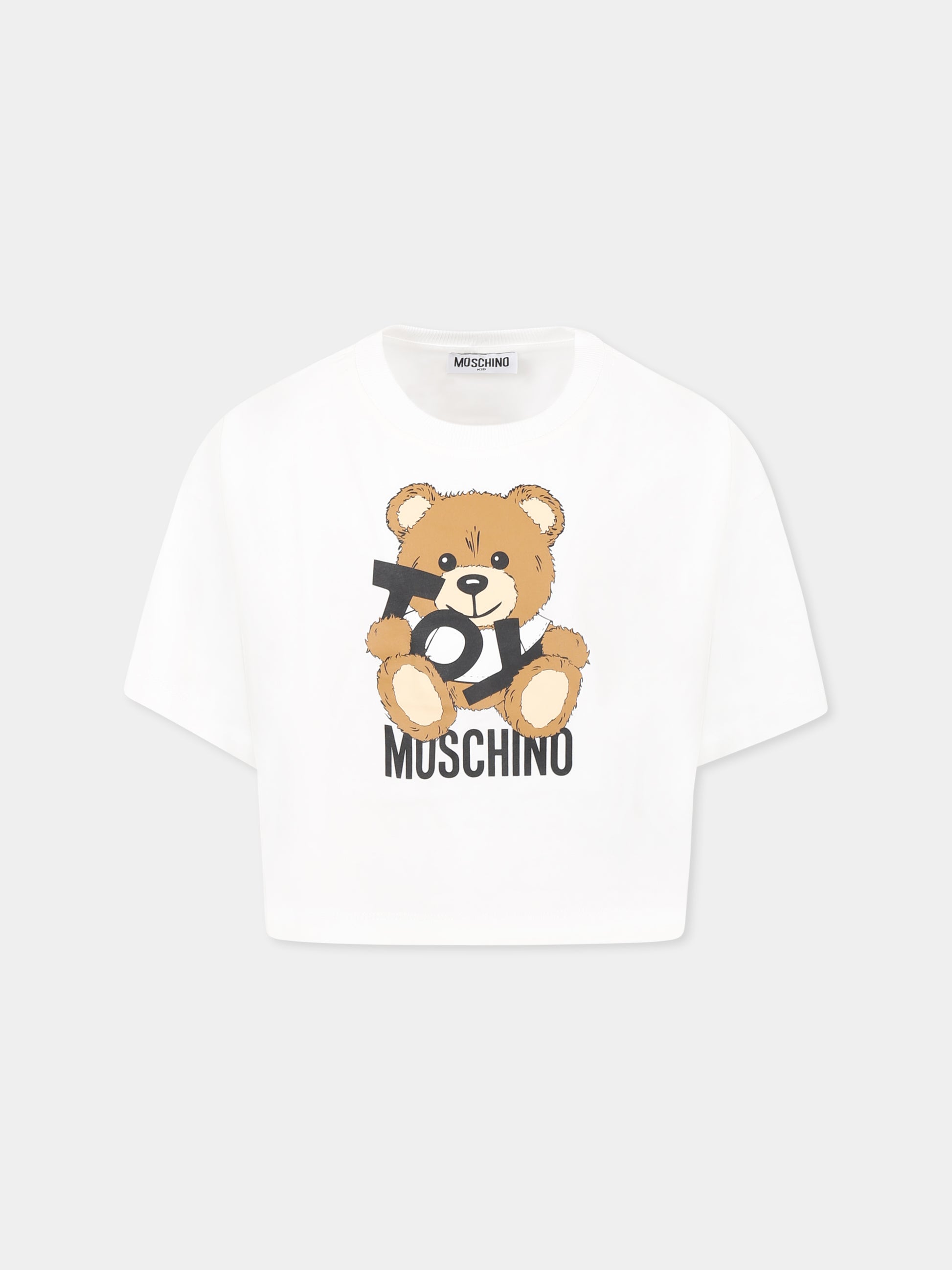 T-shirt crop bianca per bambina con Teddy Bear,Moschino Kids,HDM06O LBA00 10101