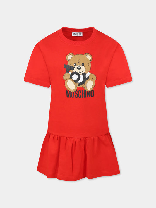 Vestito rosso per bambina con Teddy Bear,Moschino Kids,HDV0GB LCA19 50109
