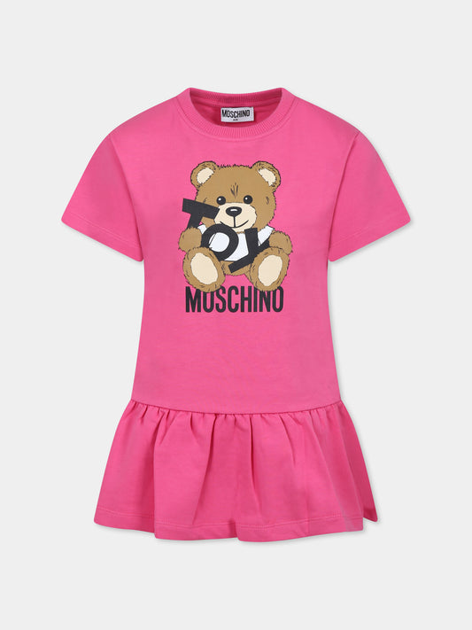 Vestito fucsia per bambina con Teddy Bear,Moschino Kids,HDV0GB LCA19 50533