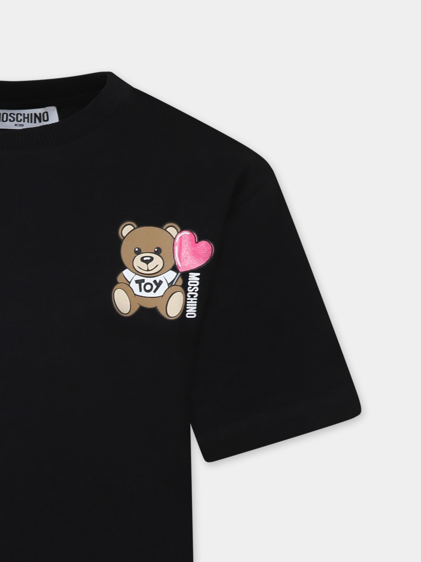 T-shirt nera per bambina con Teddy Bear e cuore,Moschino Kids,HHM060 LAA02 60100