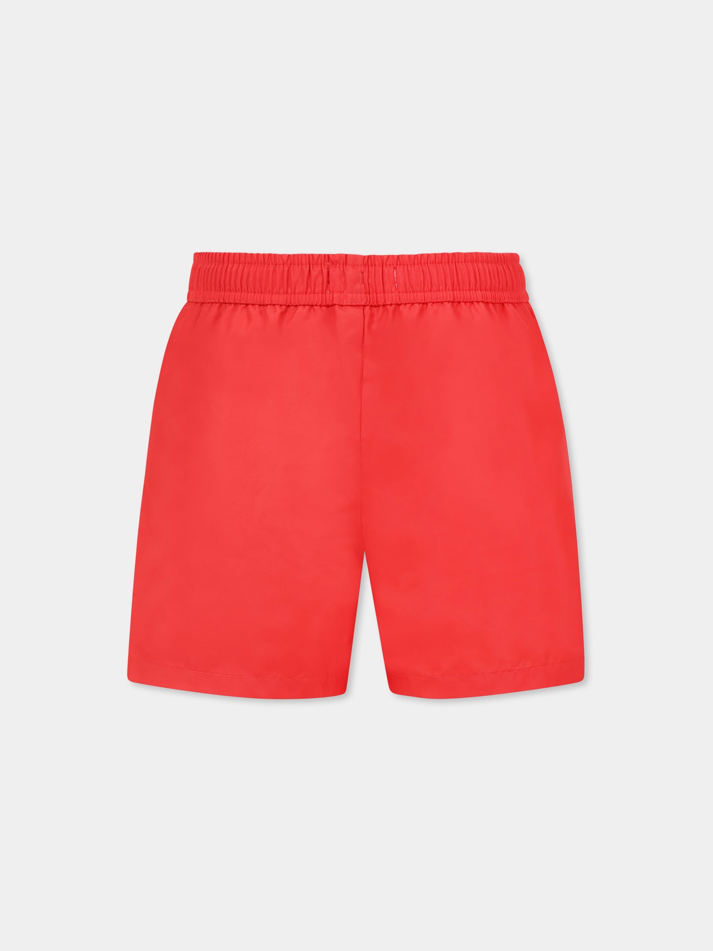 Red swim shorts for boy with logo