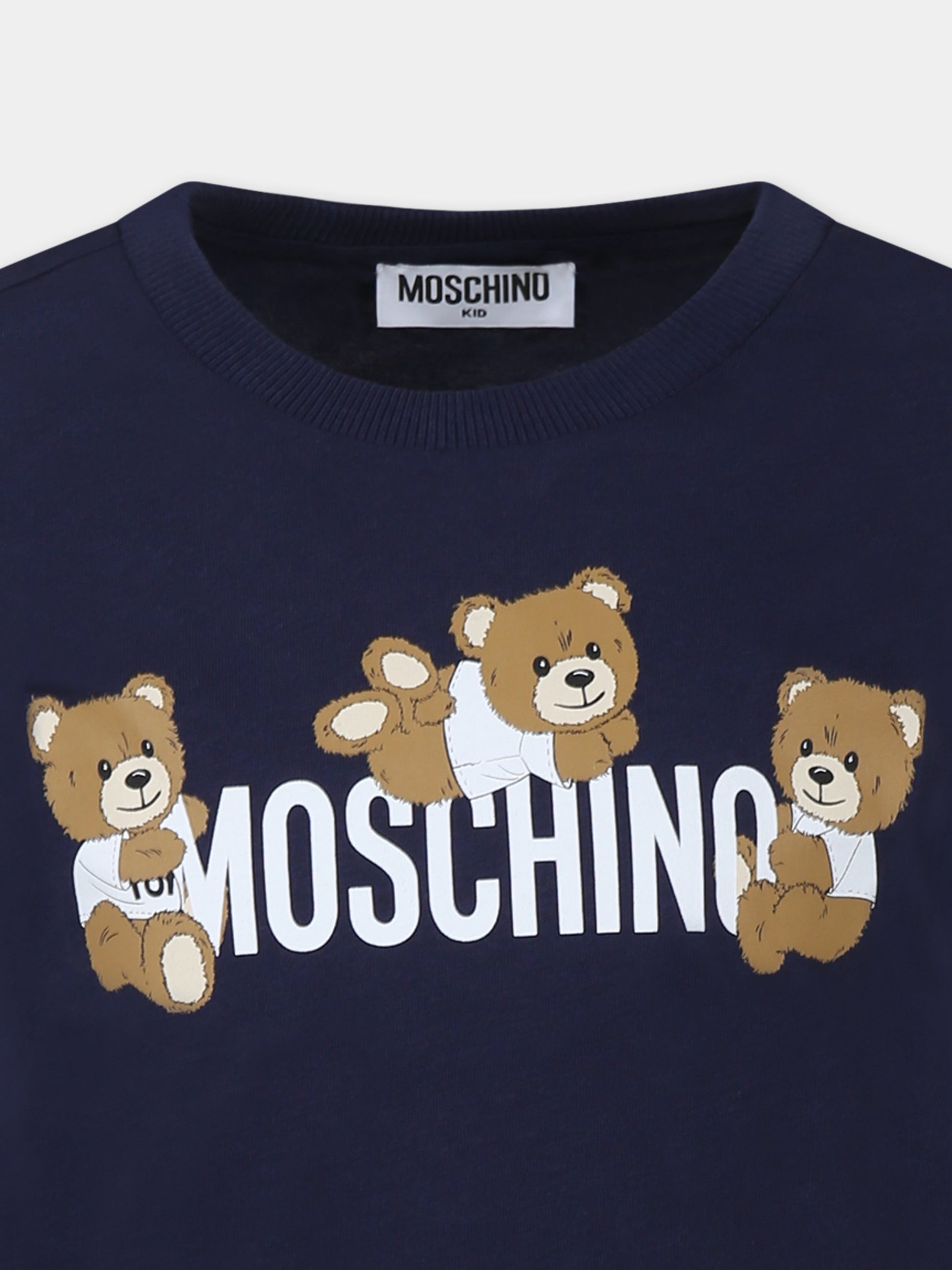 T-shirt blu per bambino con tre Teddy Bears,Moschino Kids,HUM059 LAA23 40016