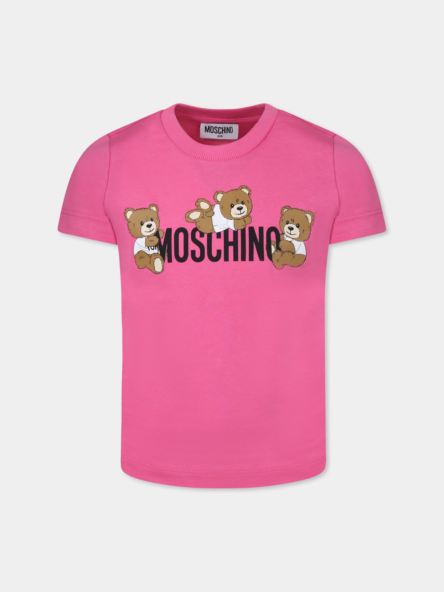 T-shirt fucsia per bambina con tre Teddy Bears,Moschino Kids,HUM059 LAA23 50533