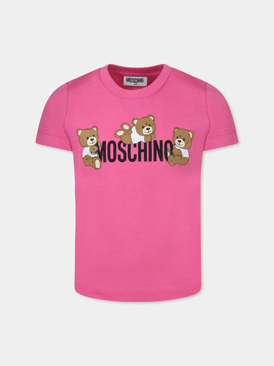 T-shirt fucsia per bambina con tre Teddy Bears,Moschino Kids,HUM059 LAA23 50533