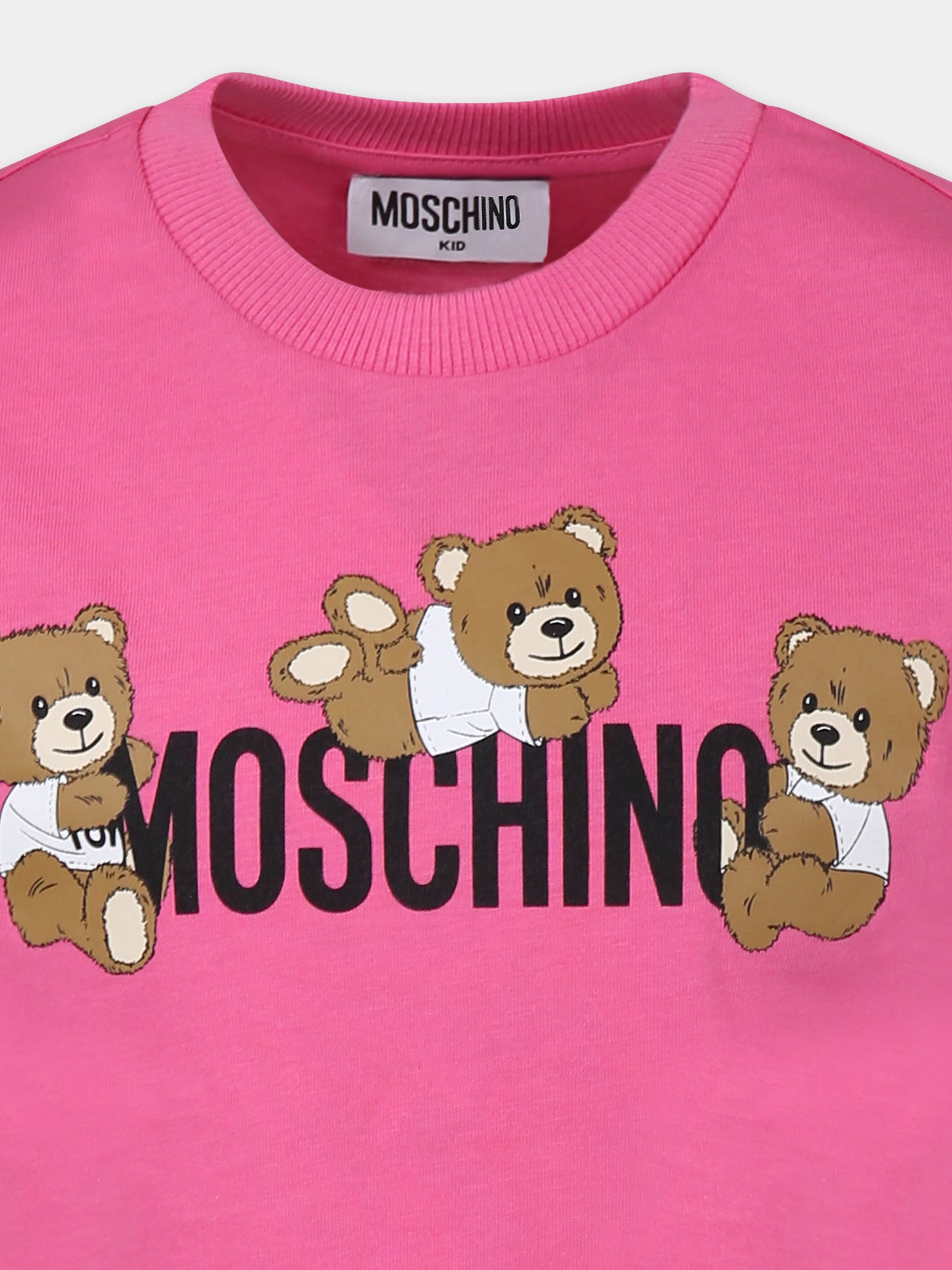 T-shirt fucsia per bambina con tre Teddy Bears,Moschino Kids,HUM059 LAA23 50533