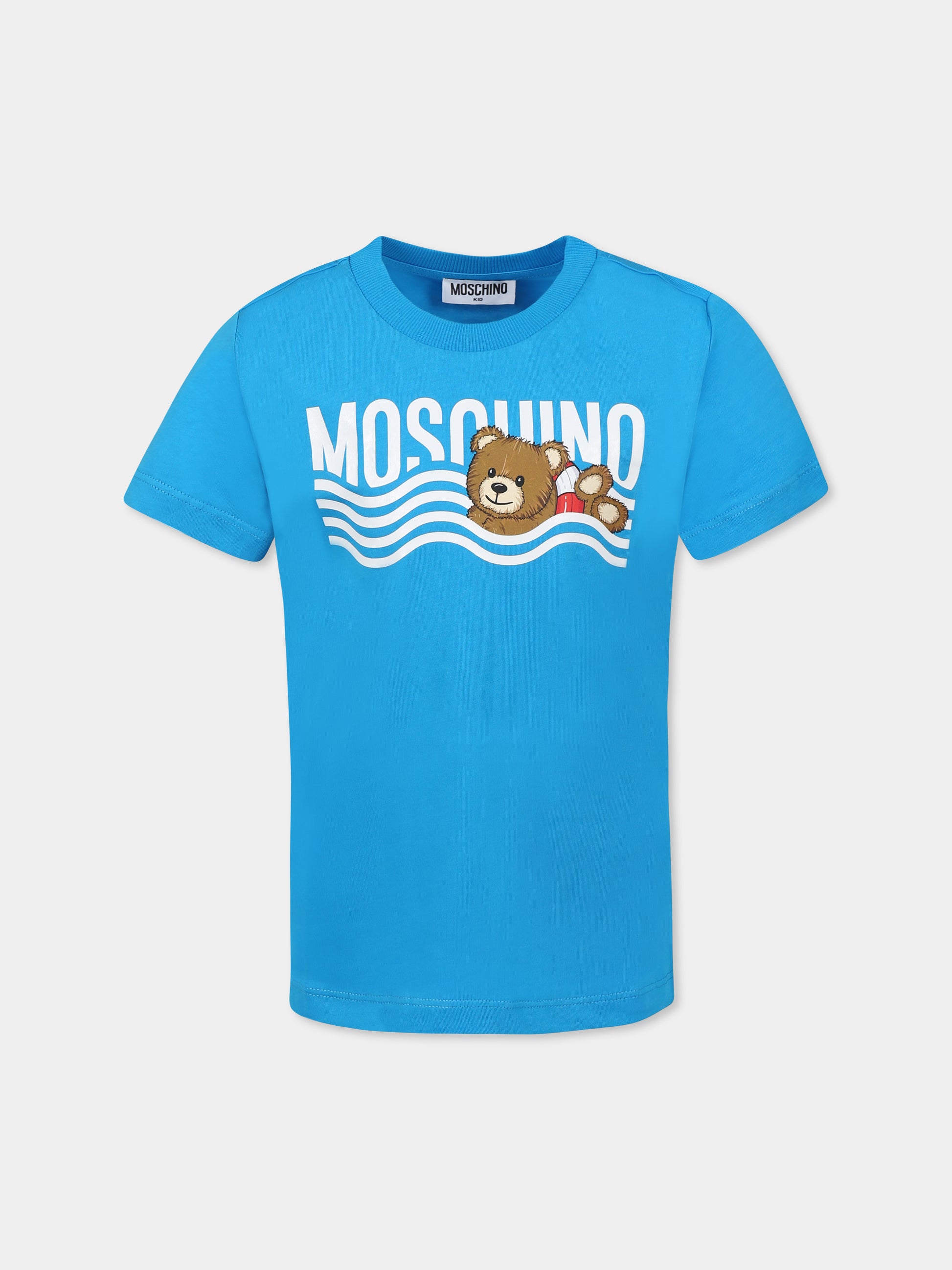 T-shirt azzurra per bambino con Teddy Bear e stampa spiaggia,Moschino Kids,HYM04K LAA24 41047