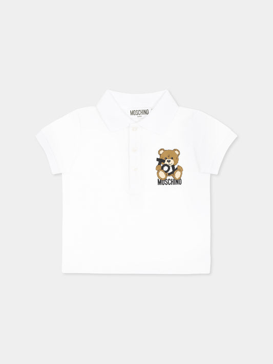 Polo bianca per neonato con Teddy Bear,Moschino Kids,M9M01P LFA01 10101