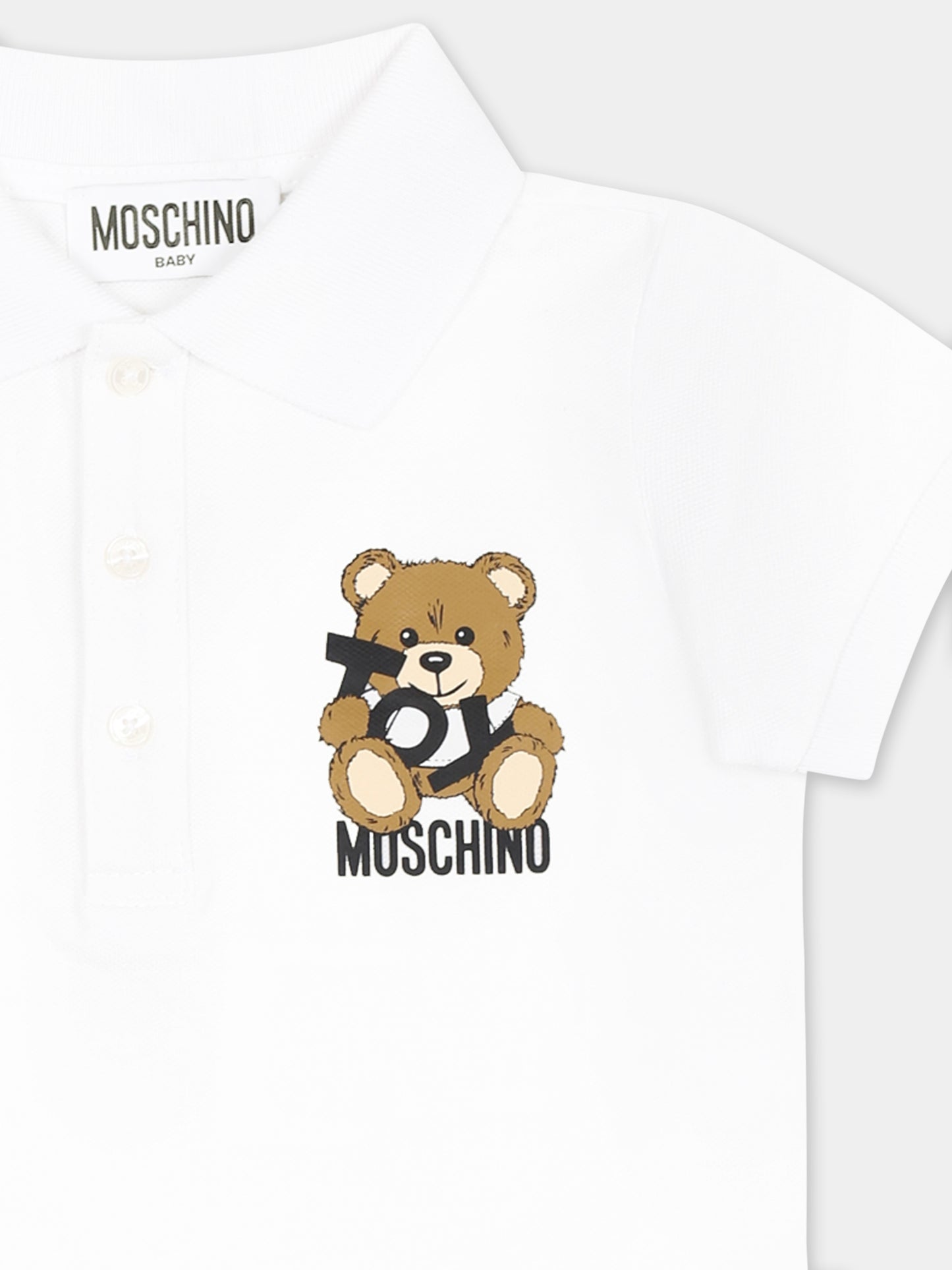Polo bianca per neonato con Teddy Bear,Moschino Kids,M9M01P LFA01 10101