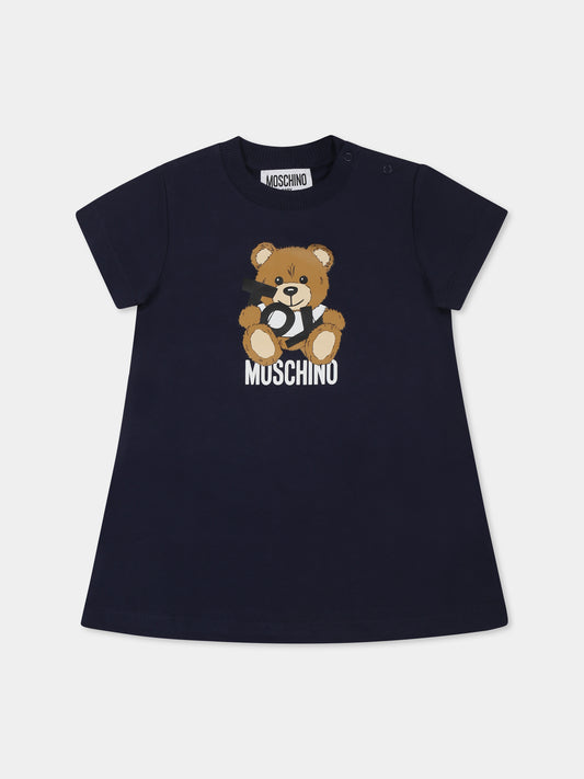 Vestito blu per neonata con Teddy Bear,Moschino Kids,MDV0C9 LCA19 40016