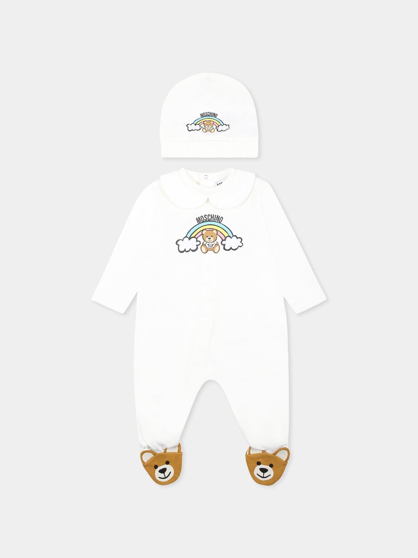 Set tutina avorio per neonati con Teddy Bear e arcobaleno,Moschino Kids,MMY065 LCA19 10063